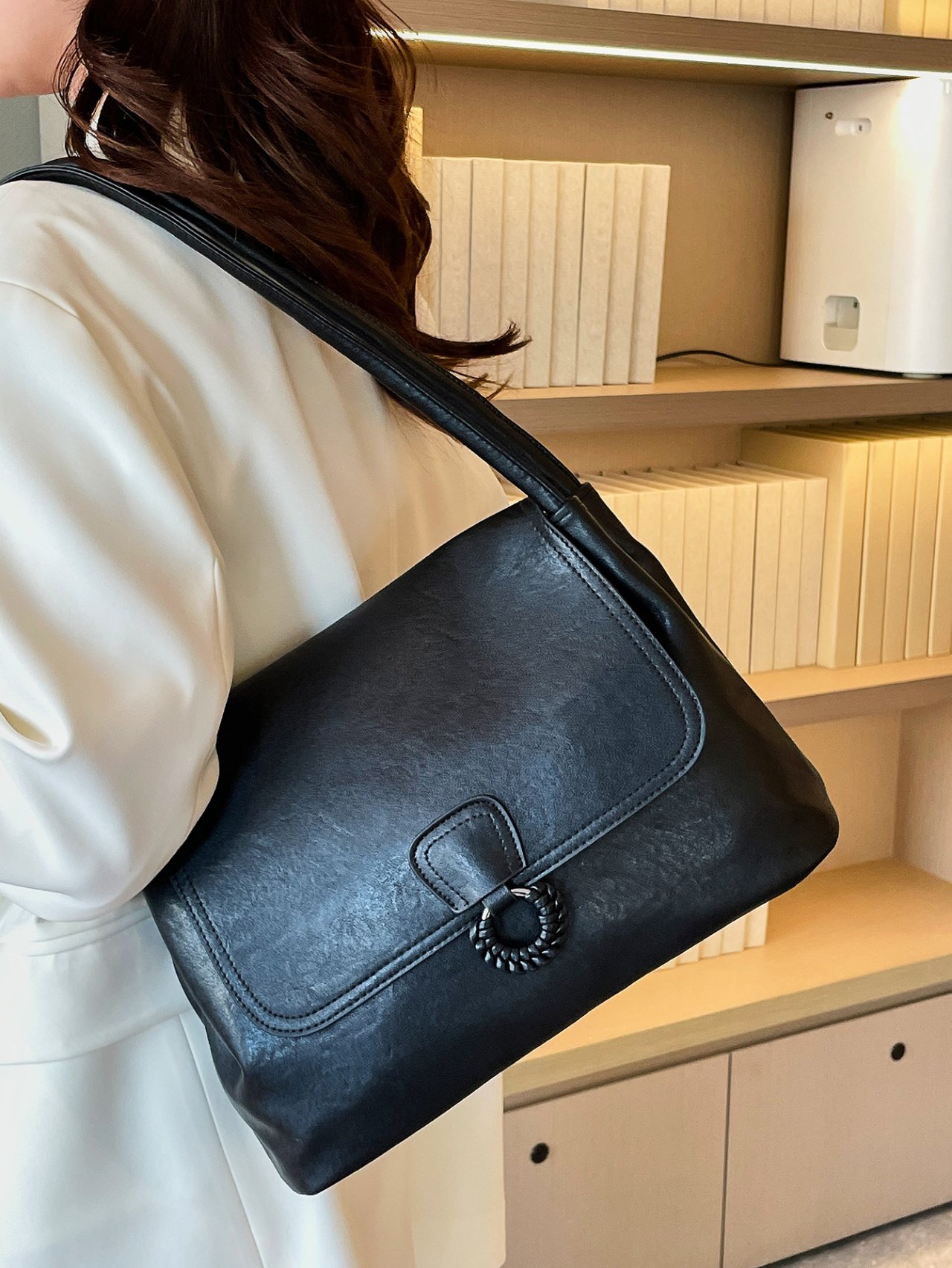 Black Shoulder Bag with Ring Detail