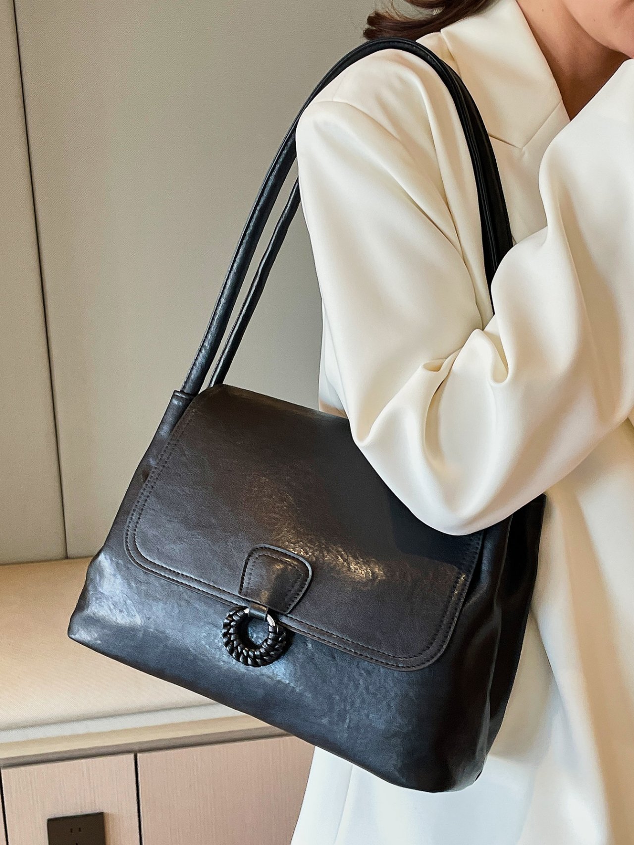 Black Shoulder Bag with Ring Detail