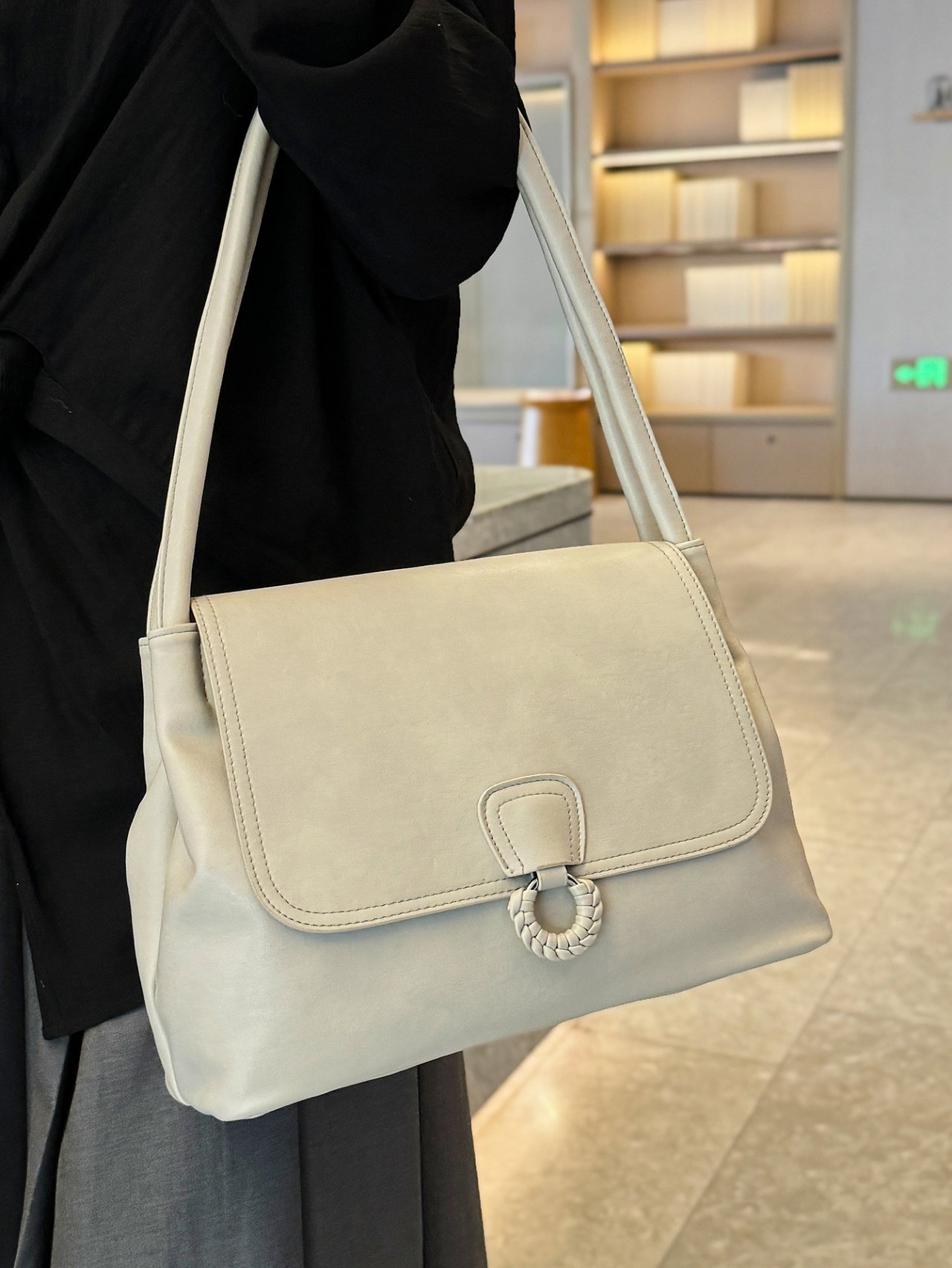 Grey Shoulder Bag with Braided Ring Detail