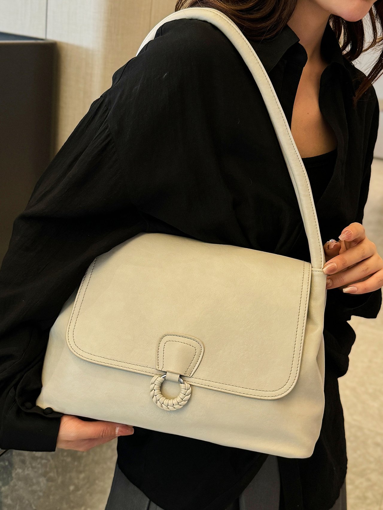 Grey Shoulder Bag with Braided Ring Detail