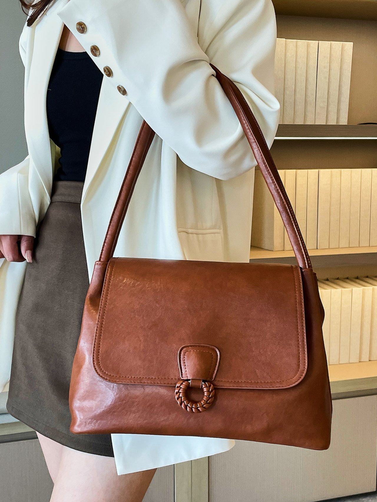 Brown Faux Leather Shoulder Bag with Braided Accent