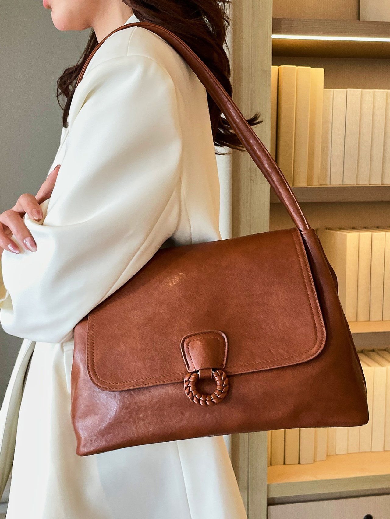 Brown Faux Leather Shoulder Bag with Braided Accent