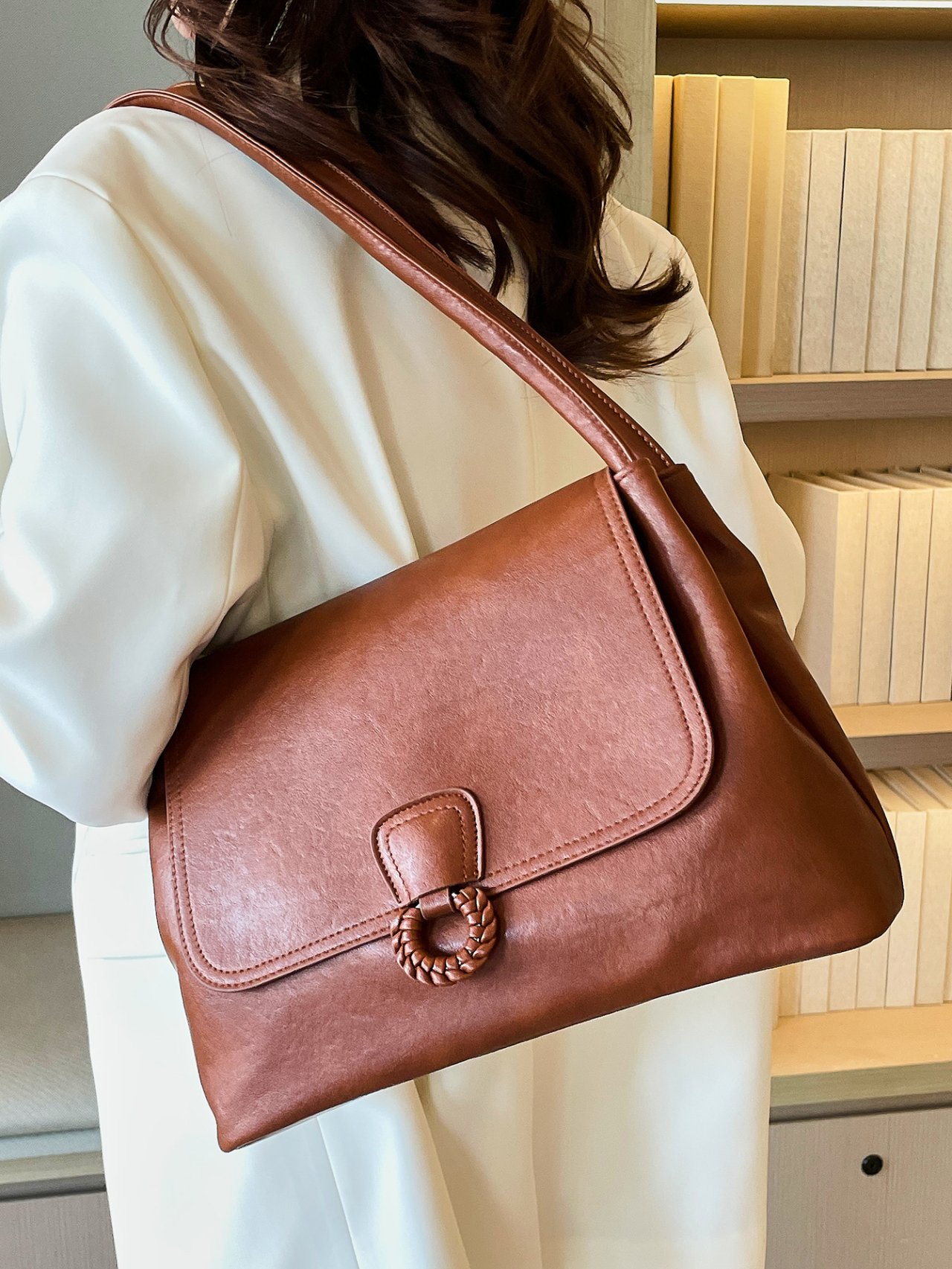 Brown Faux Leather Shoulder Bag with Braided Accent