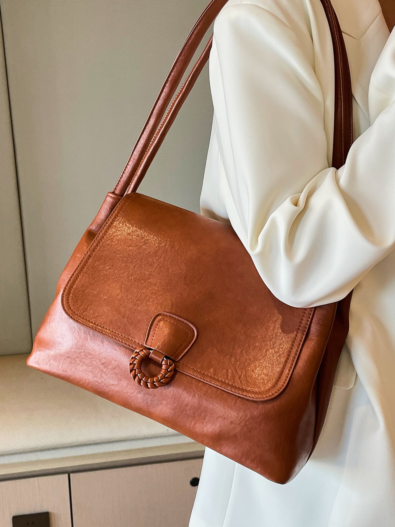 Brown Faux Leather Shoulder Bag with Braided Accent