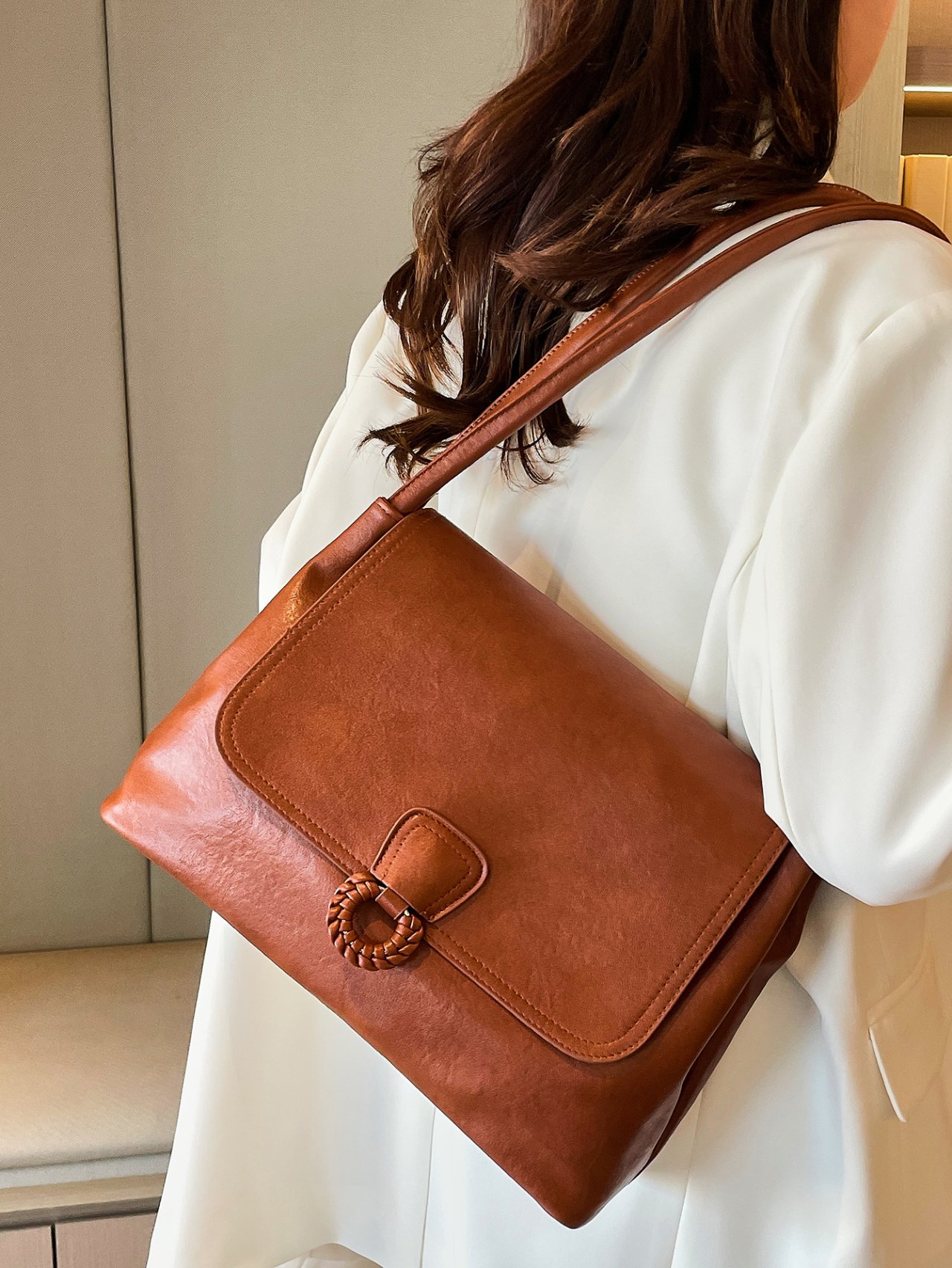 Brown Faux Leather Shoulder Bag with Braided Accent