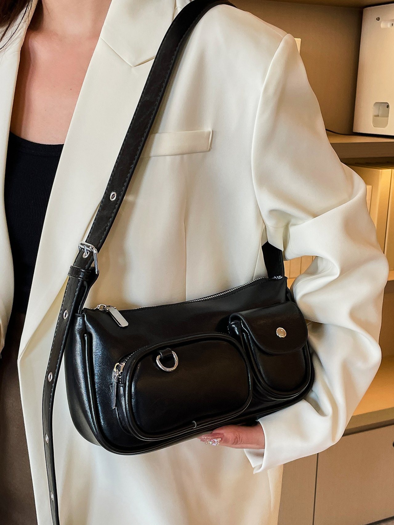 Black Crossbody Bag with Pockets