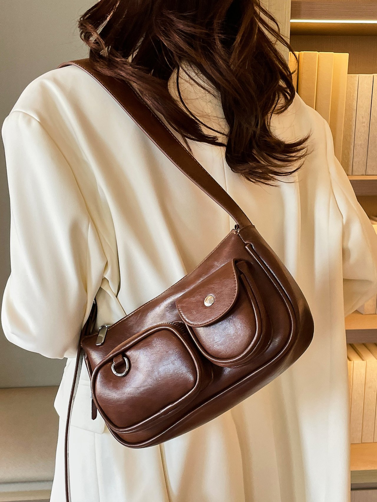 Coffee Brown Multi-Pocket Crossbody Bag