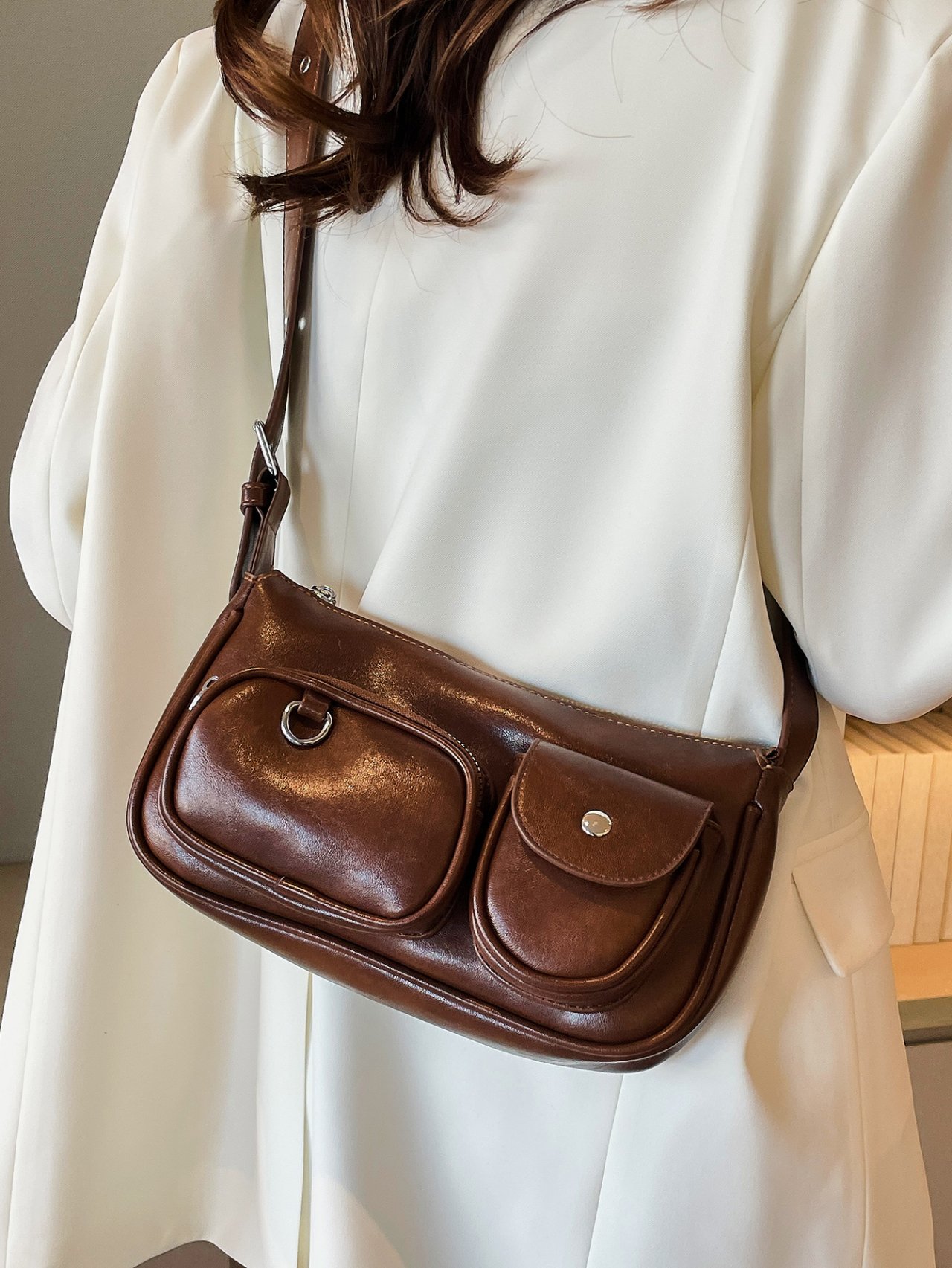 Coffee Brown Multi-Pocket Crossbody Bag
