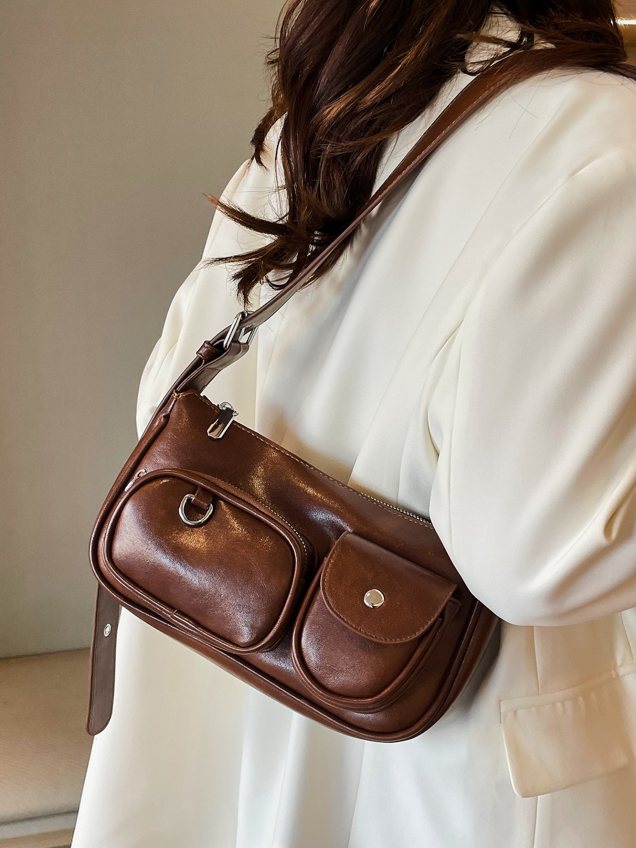 Coffee Brown Multi-Pocket Crossbody Bag