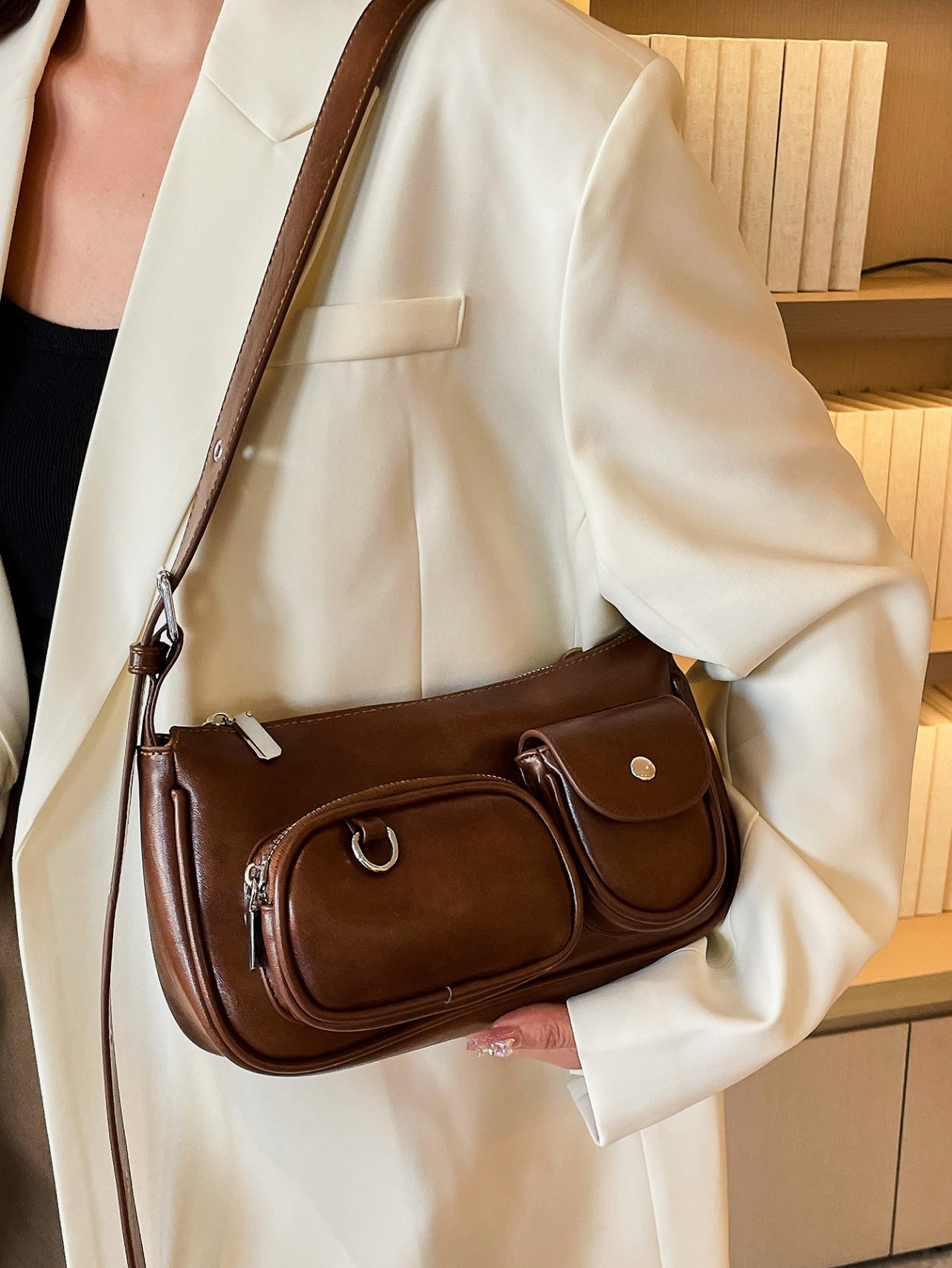 Coffee Brown Multi-Pocket Crossbody Bag