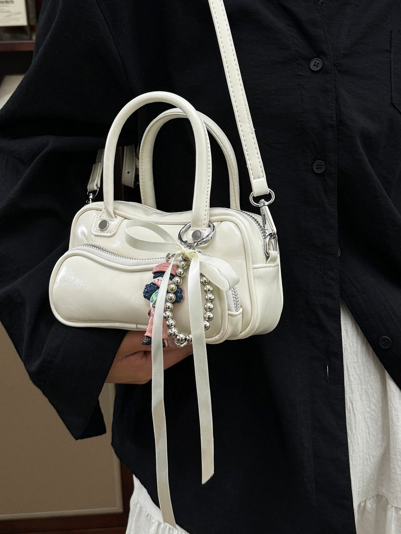 Off-White Crossbody Bag with Charm