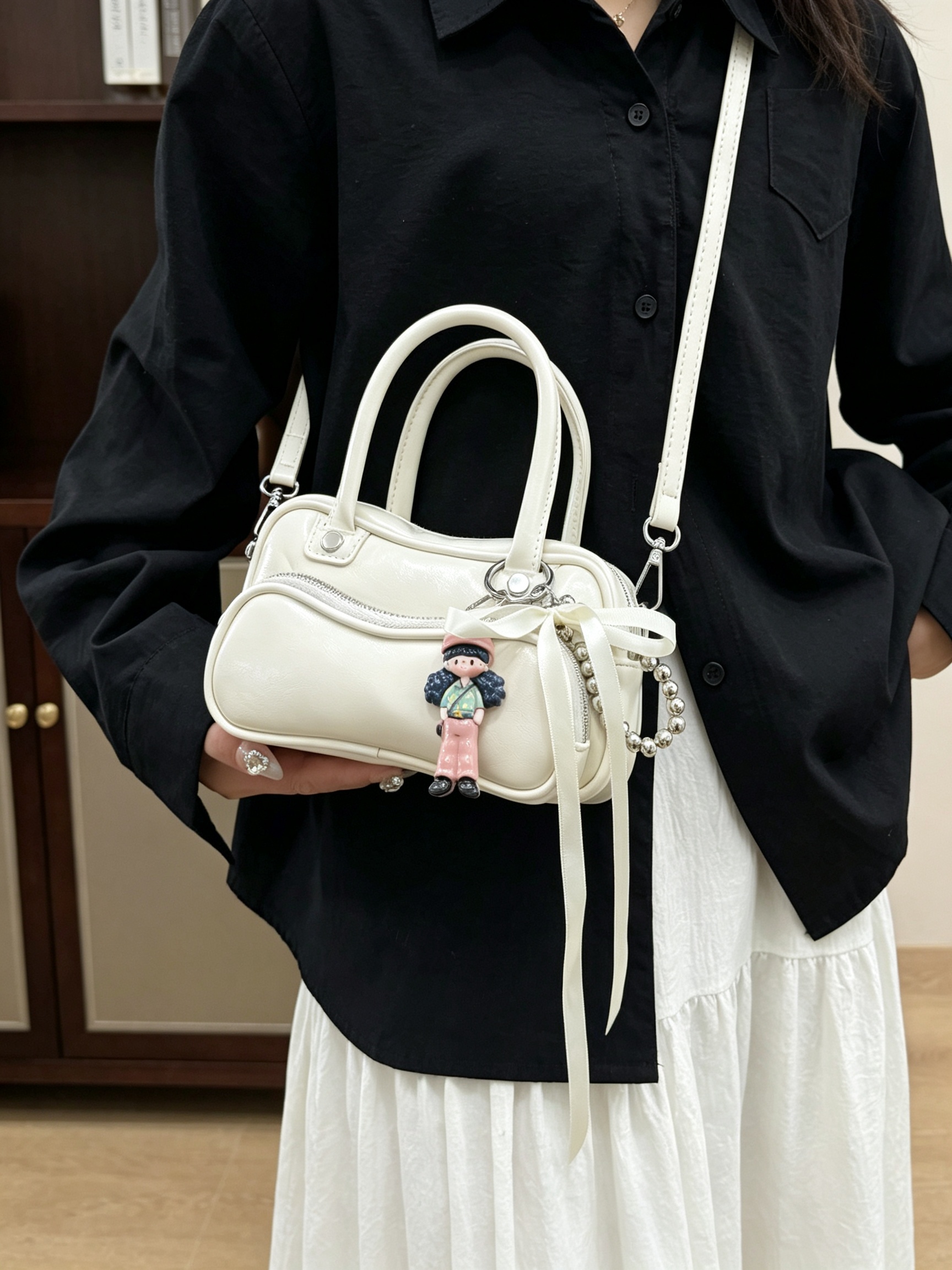 Off-White Crossbody Bag with Charm