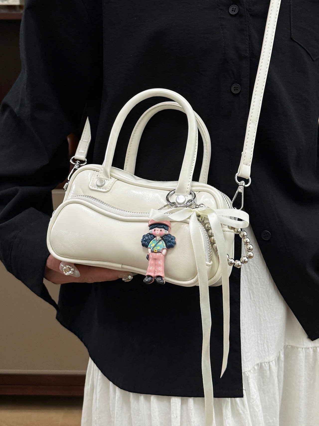 Off-White Crossbody Bag with Charm