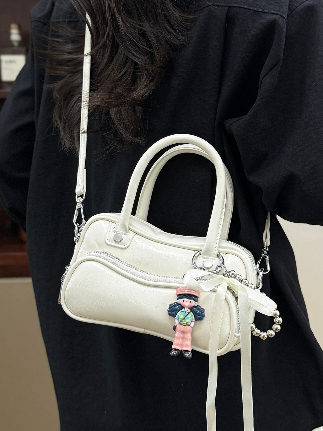 Off-White Crossbody Bag with Charm