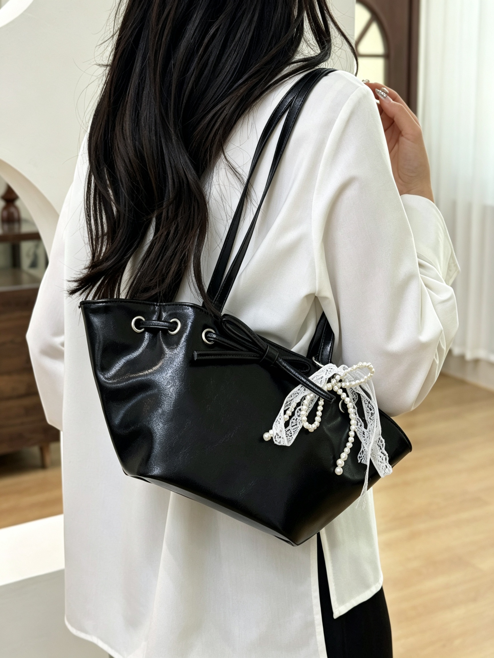 Black Drawstring Shoulder Bag with Pearl and Lace Detail