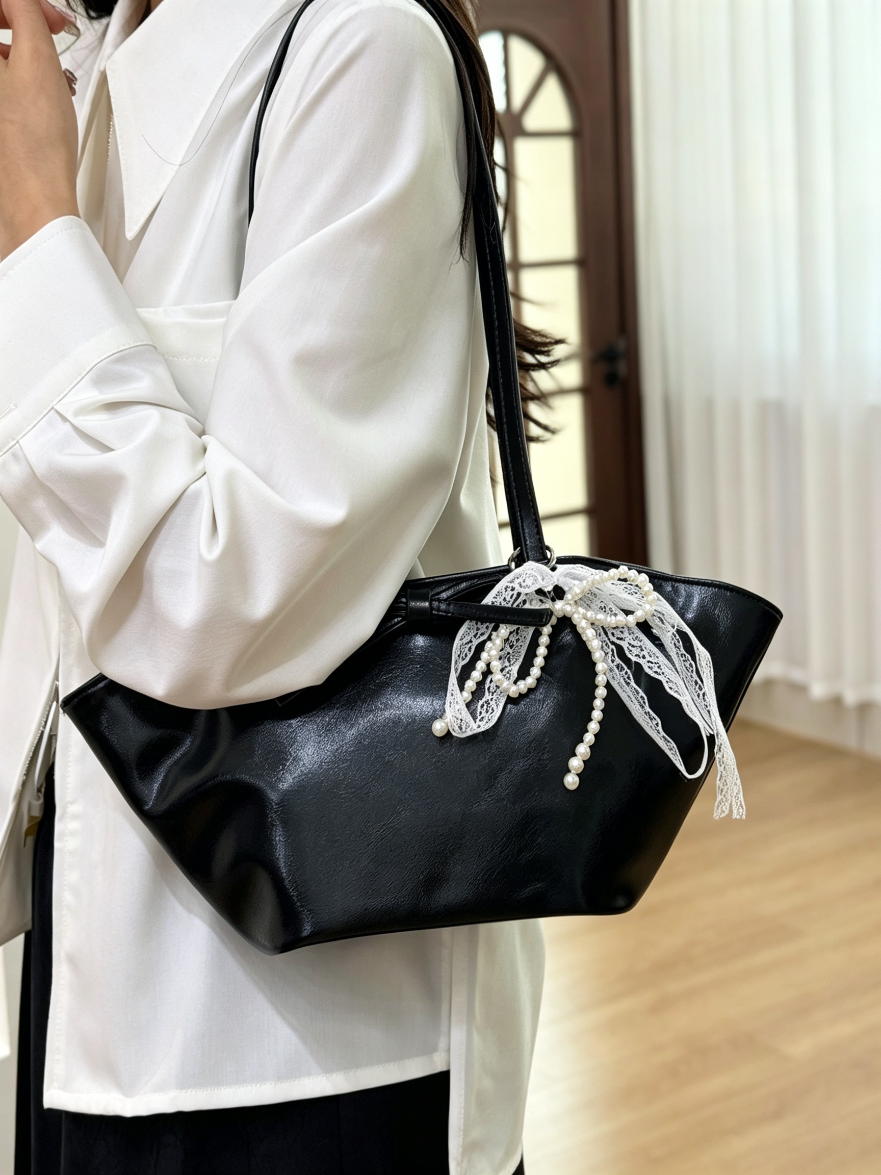 Black Drawstring Shoulder Bag with Pearl and Lace Detail