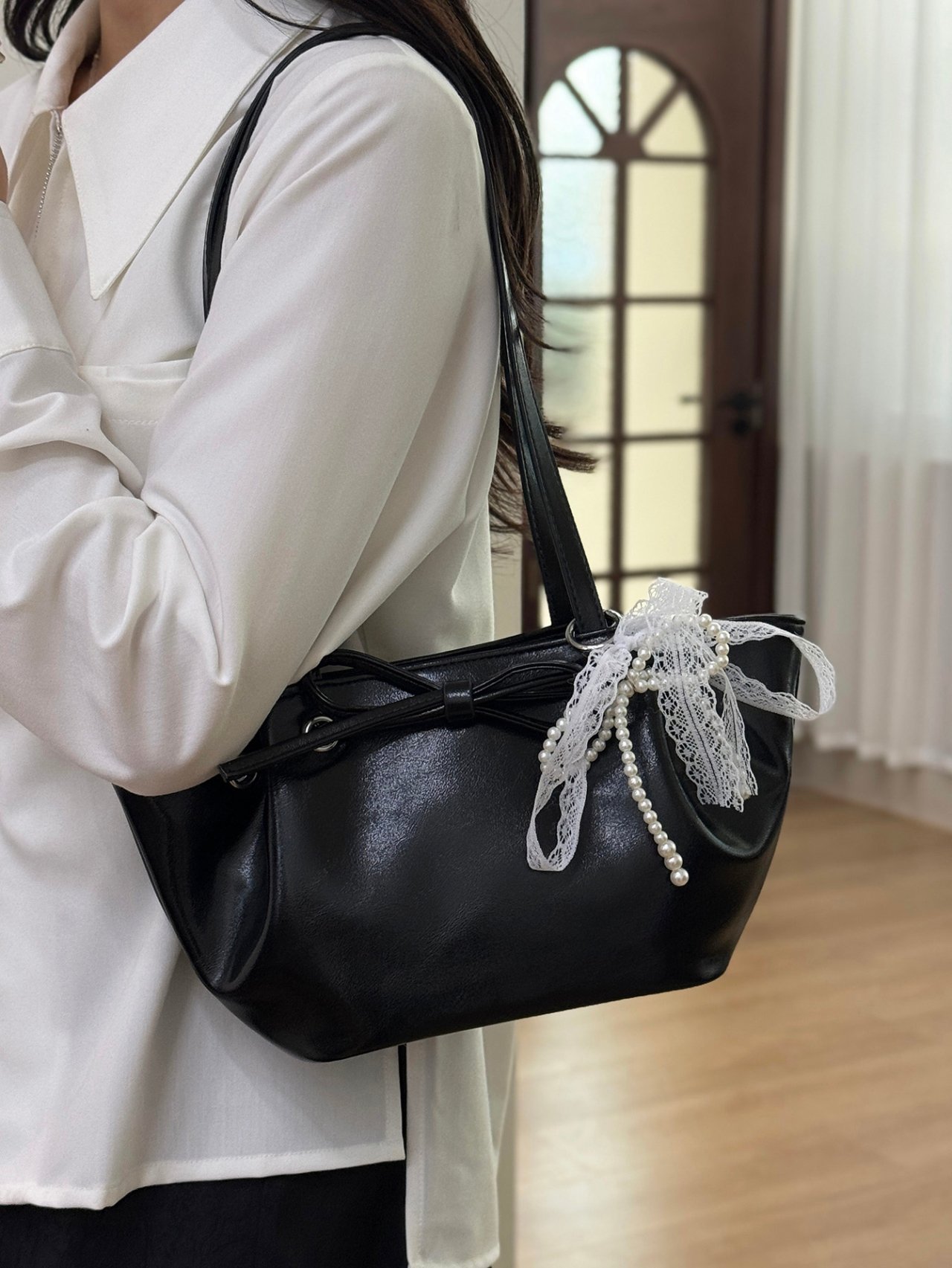 Black Drawstring Shoulder Bag with Pearl and Lace Detail