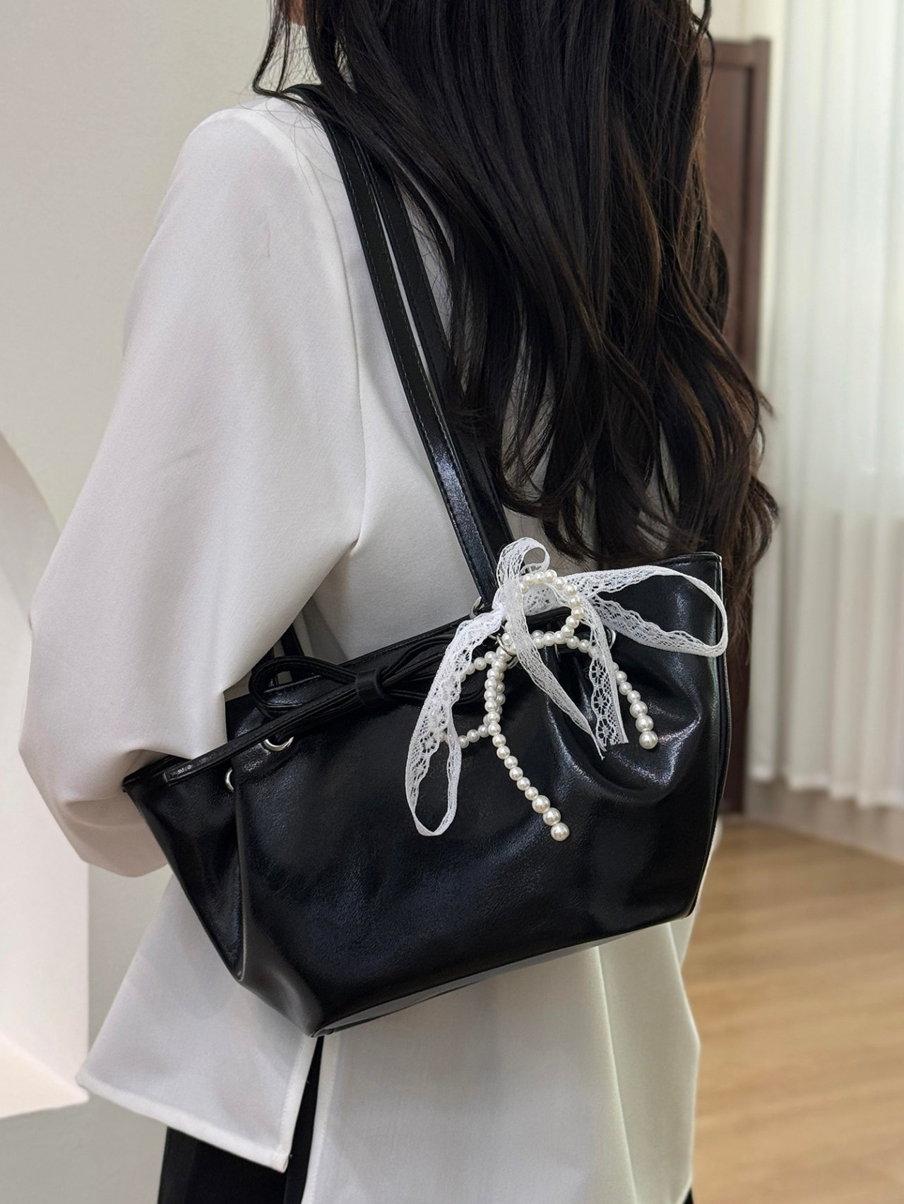 Black Drawstring Shoulder Bag with Pearl and Lace Detail