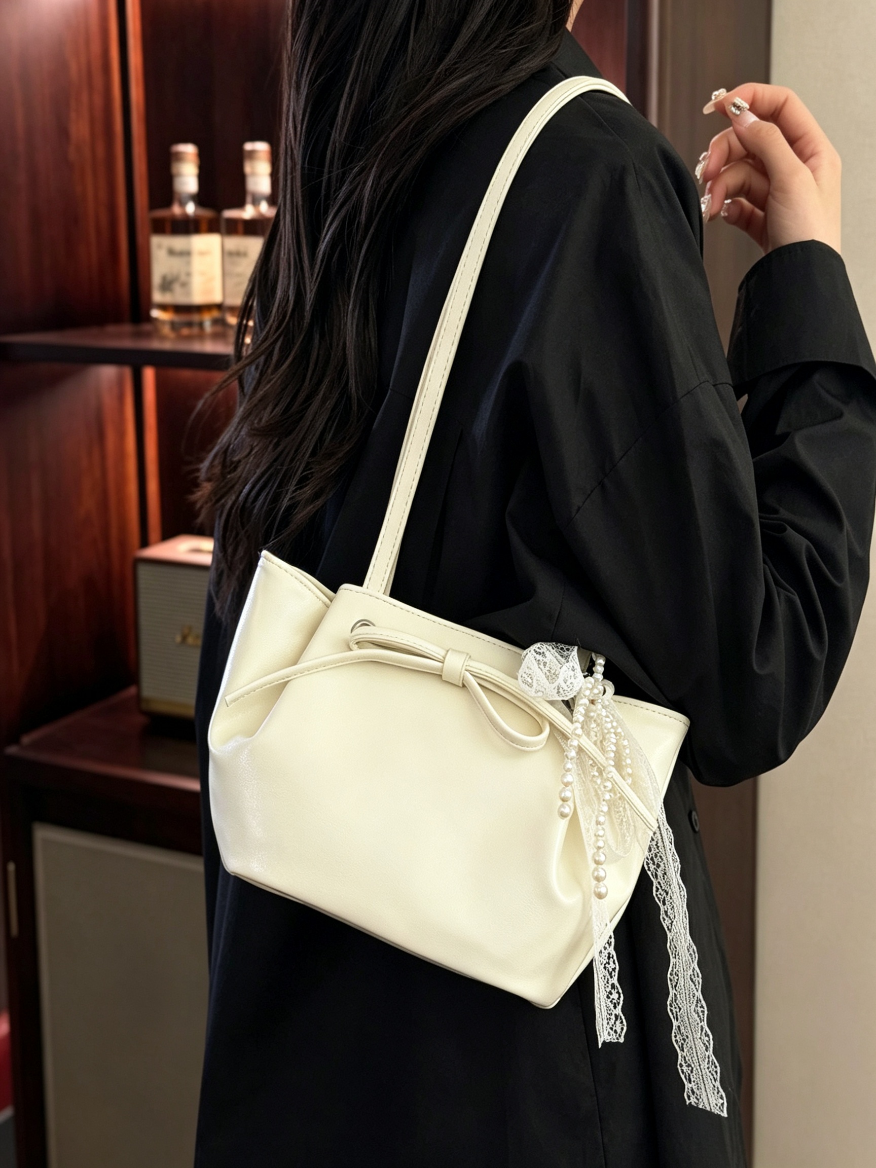 Off-White Pearl Embellished Shoulder Bag