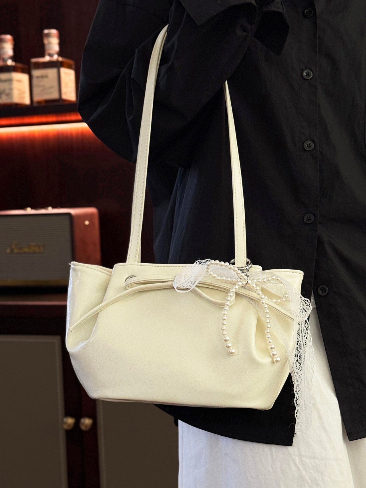 Off-White Pearl Embellished Shoulder Bag