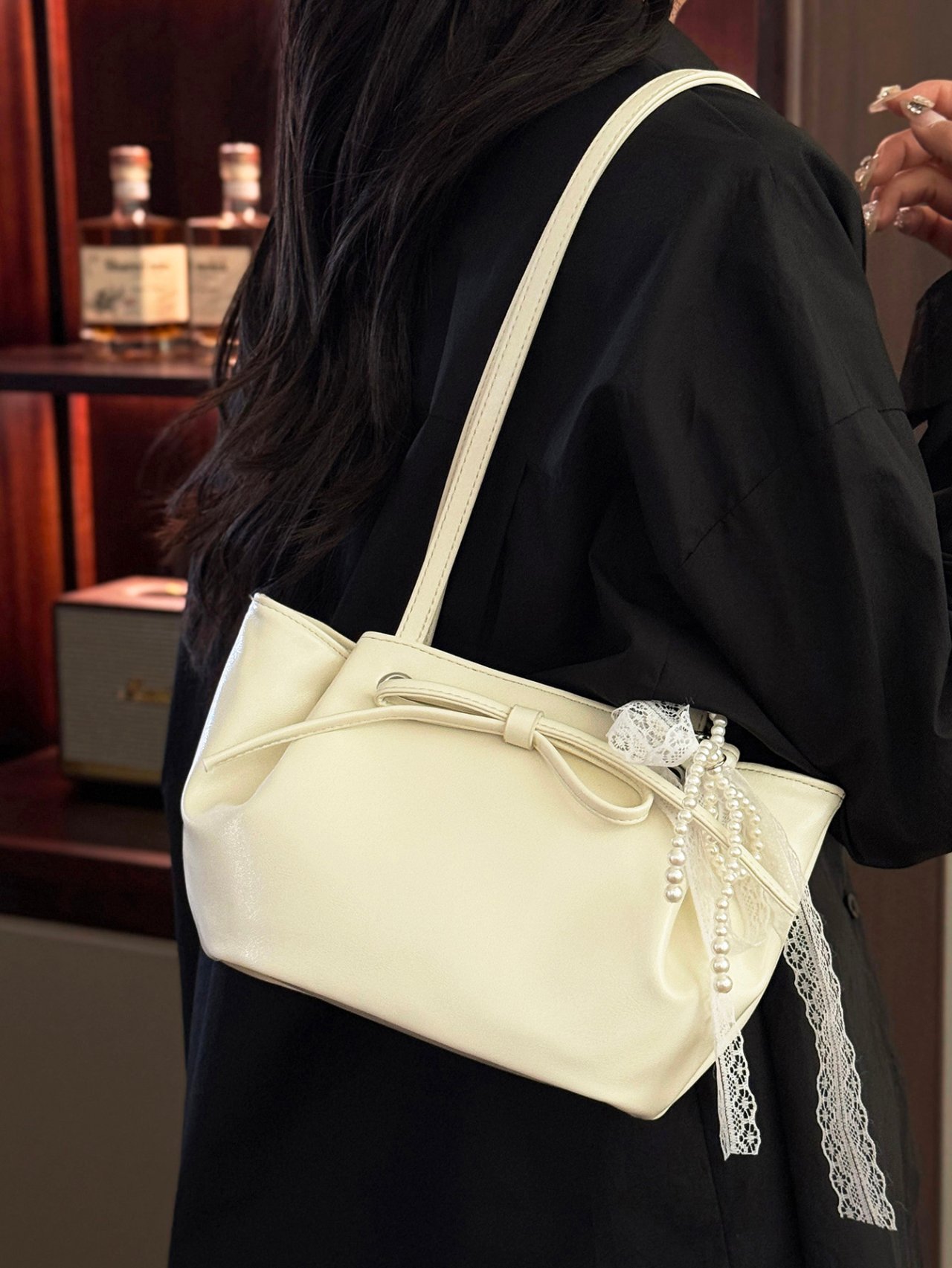 Off-White Pearl Embellished Shoulder Bag