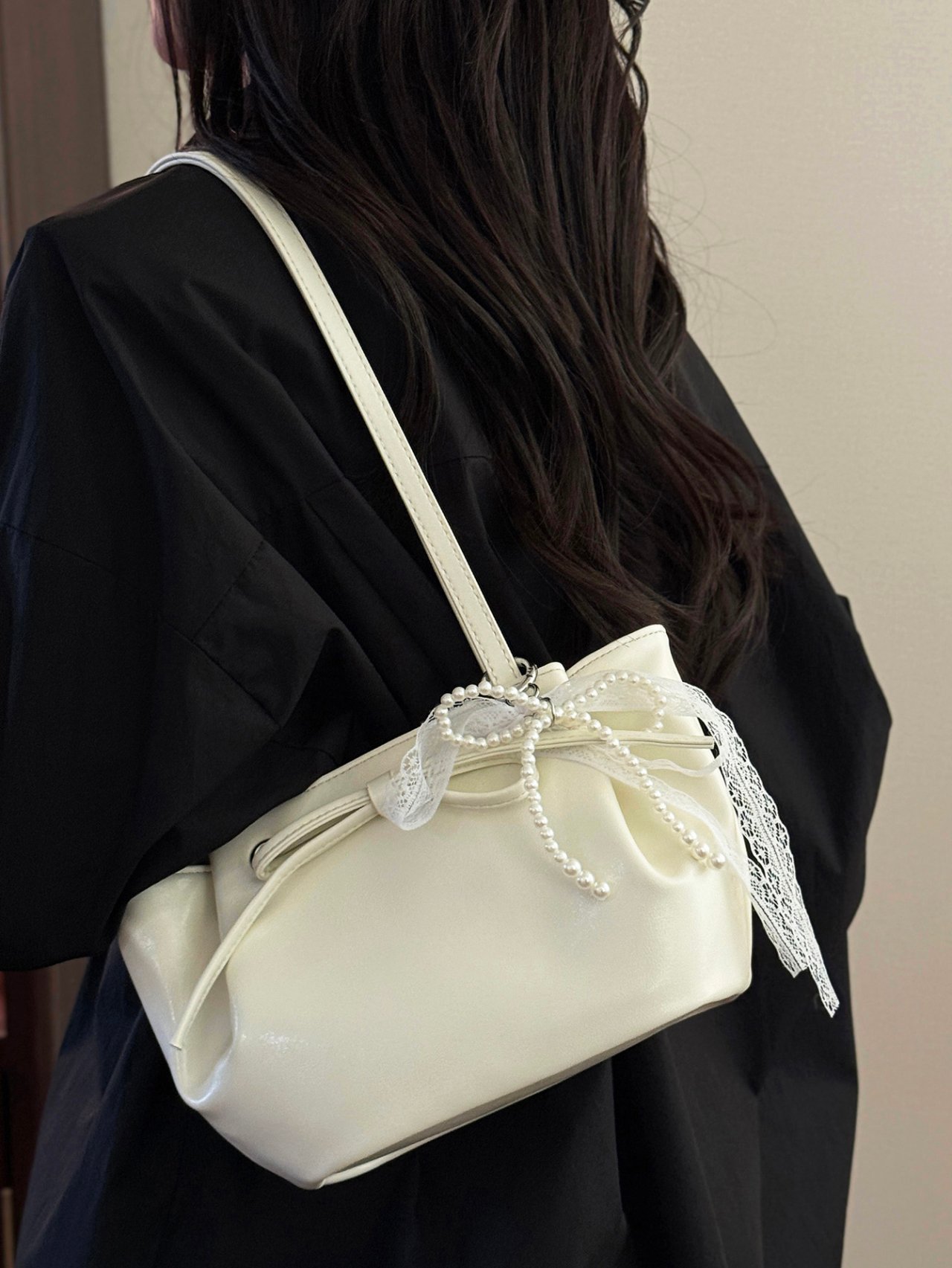 Off-White Pearl Embellished Shoulder Bag