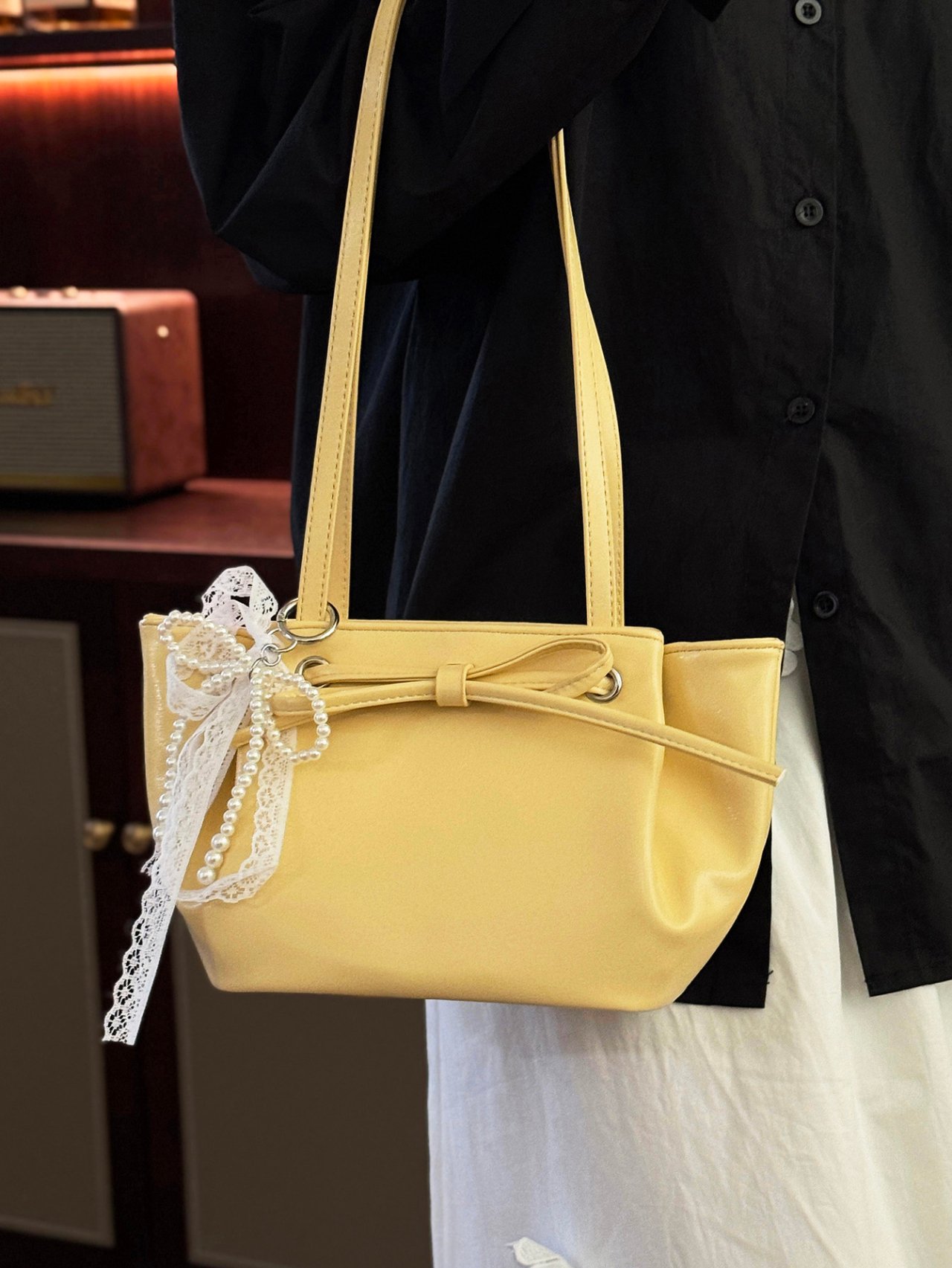 Yellow Shoulder Bag with Pearl and Lace Charm