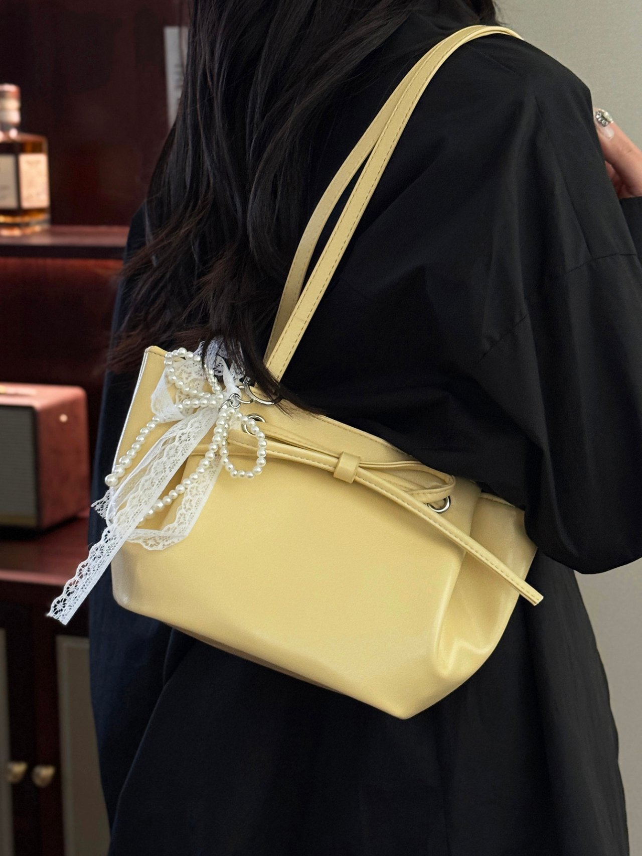 Yellow Shoulder Bag with Pearl and Lace Charm