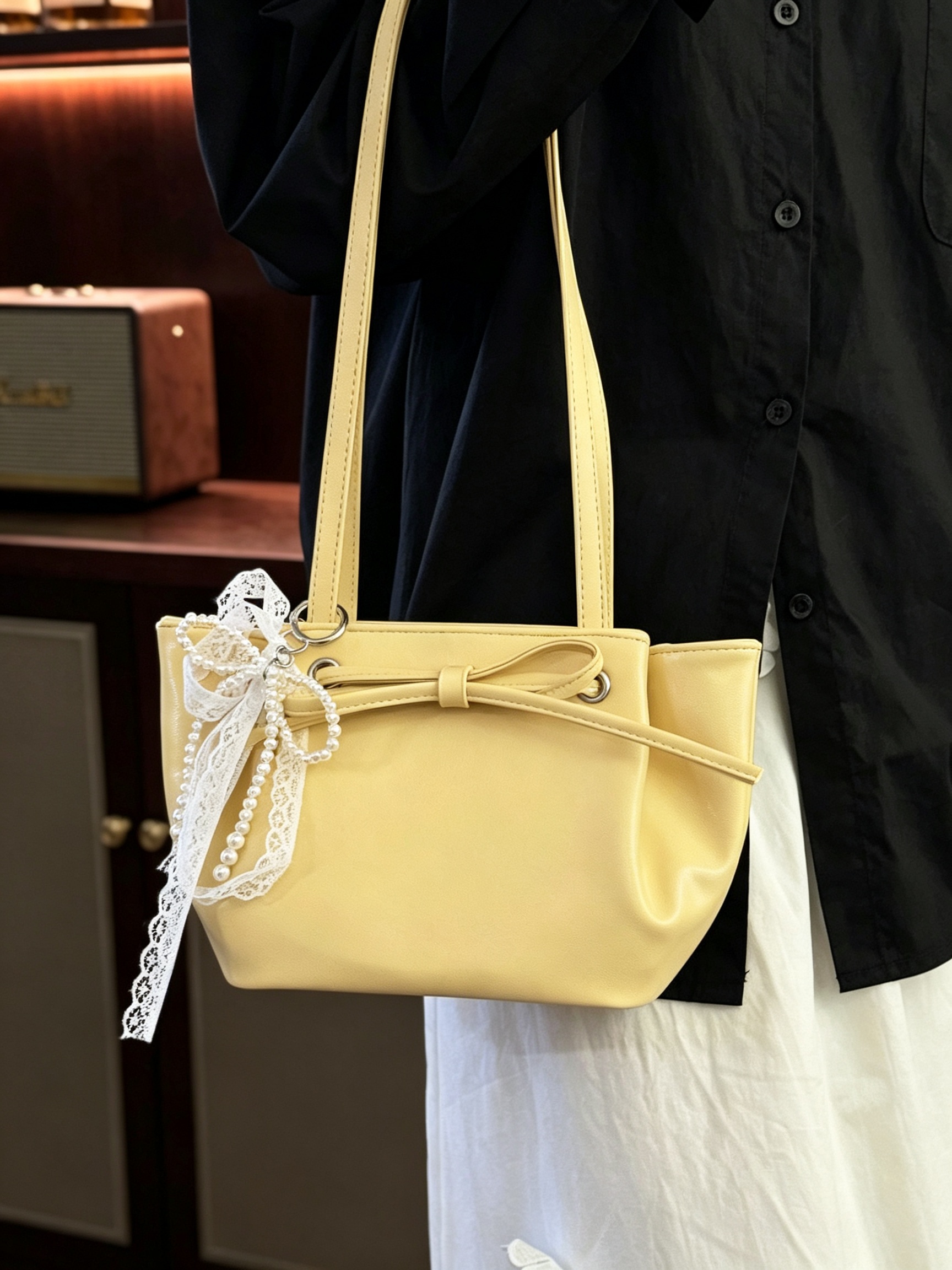 Yellow Shoulder Bag with Pearl and Lace Charm