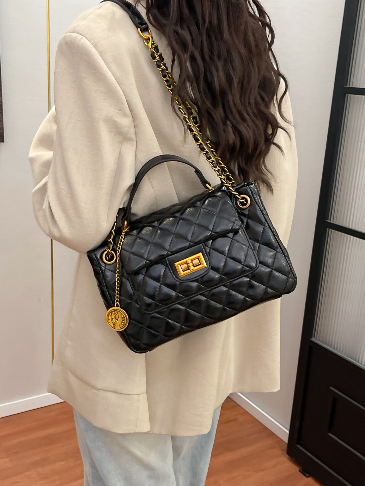 Black Quilted Shoulder Bag with Charm
