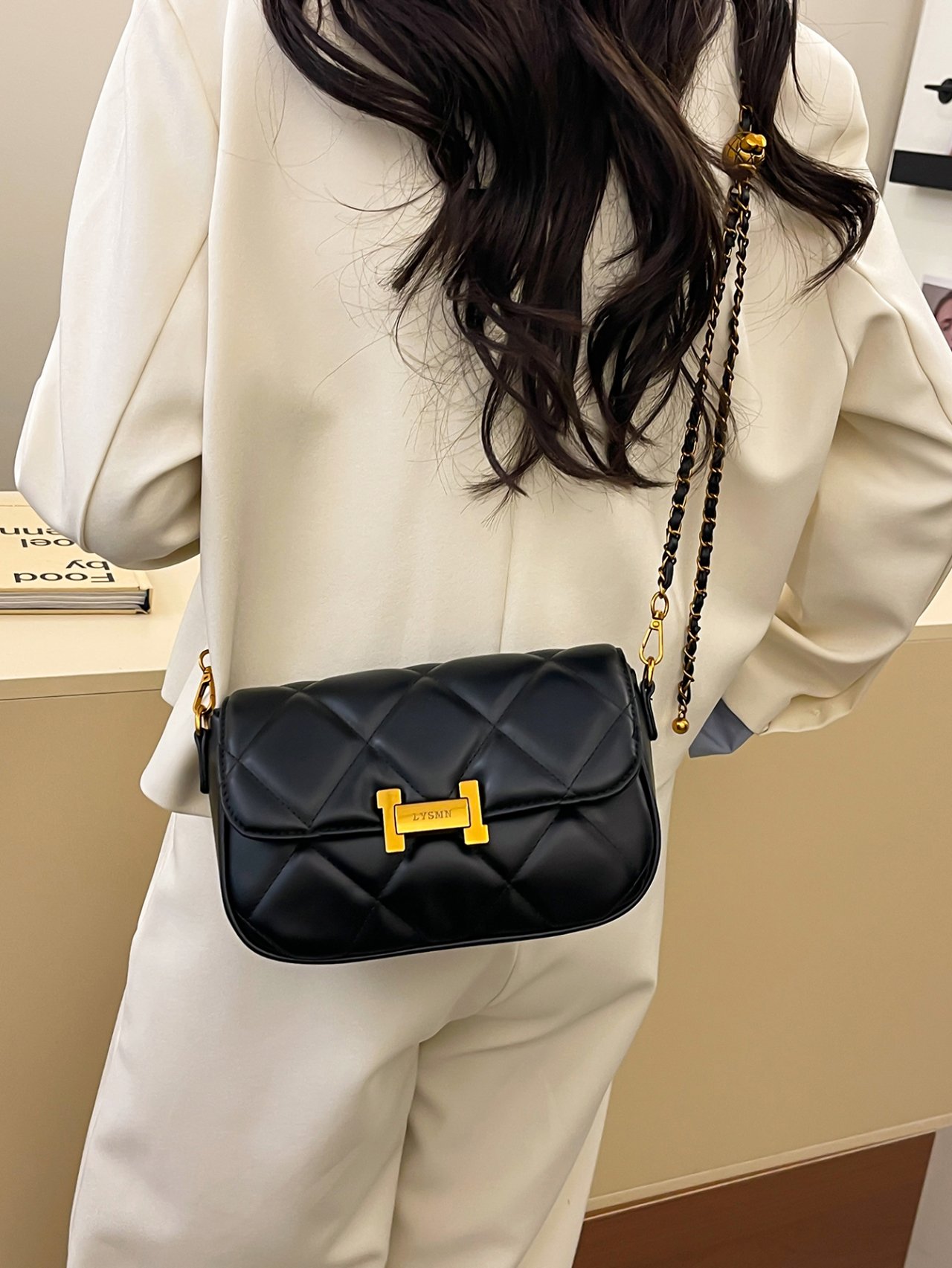 Black Quilted Crossbody Bag with Gold Chain Strap