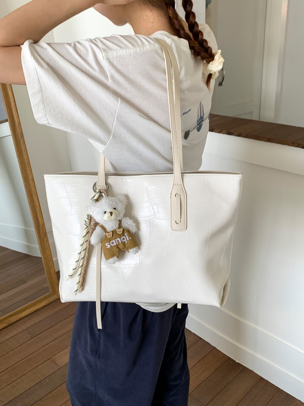 White Croc-Embossed Shoulder Bag