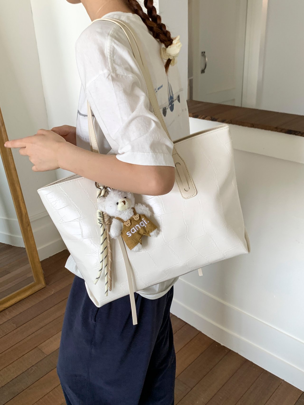 White Croc-Embossed Shoulder Bag