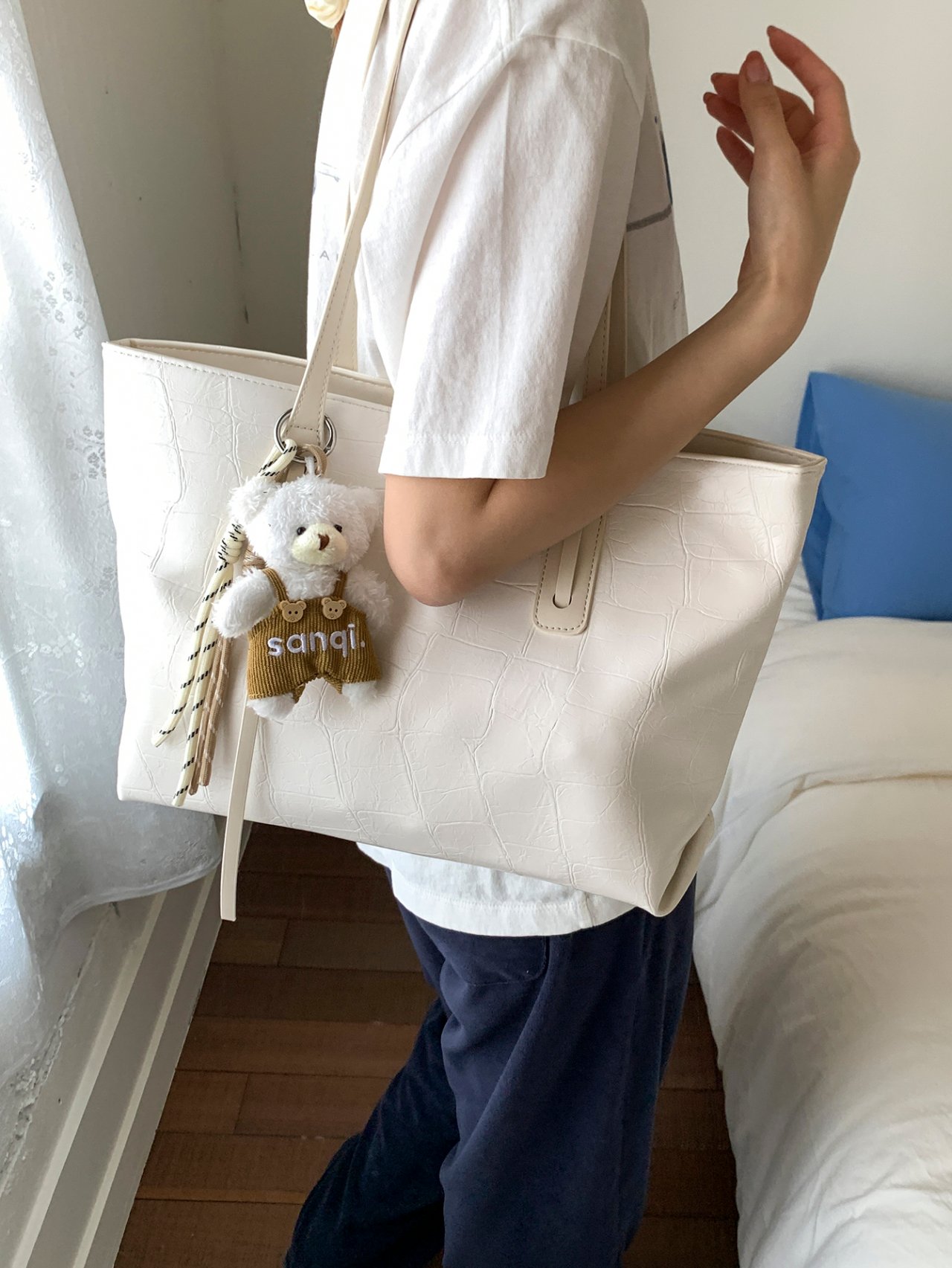 White Croc-Embossed Shoulder Bag