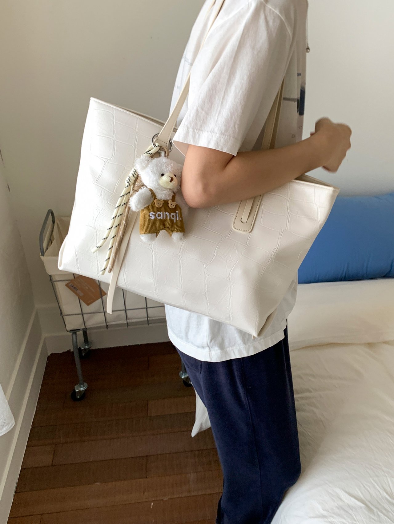 White Croc-Embossed Shoulder Bag