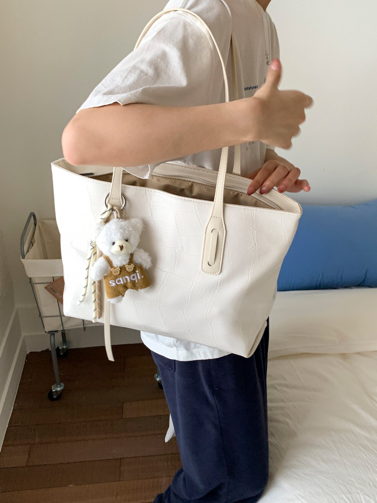 White Croc-Embossed Shoulder Bag