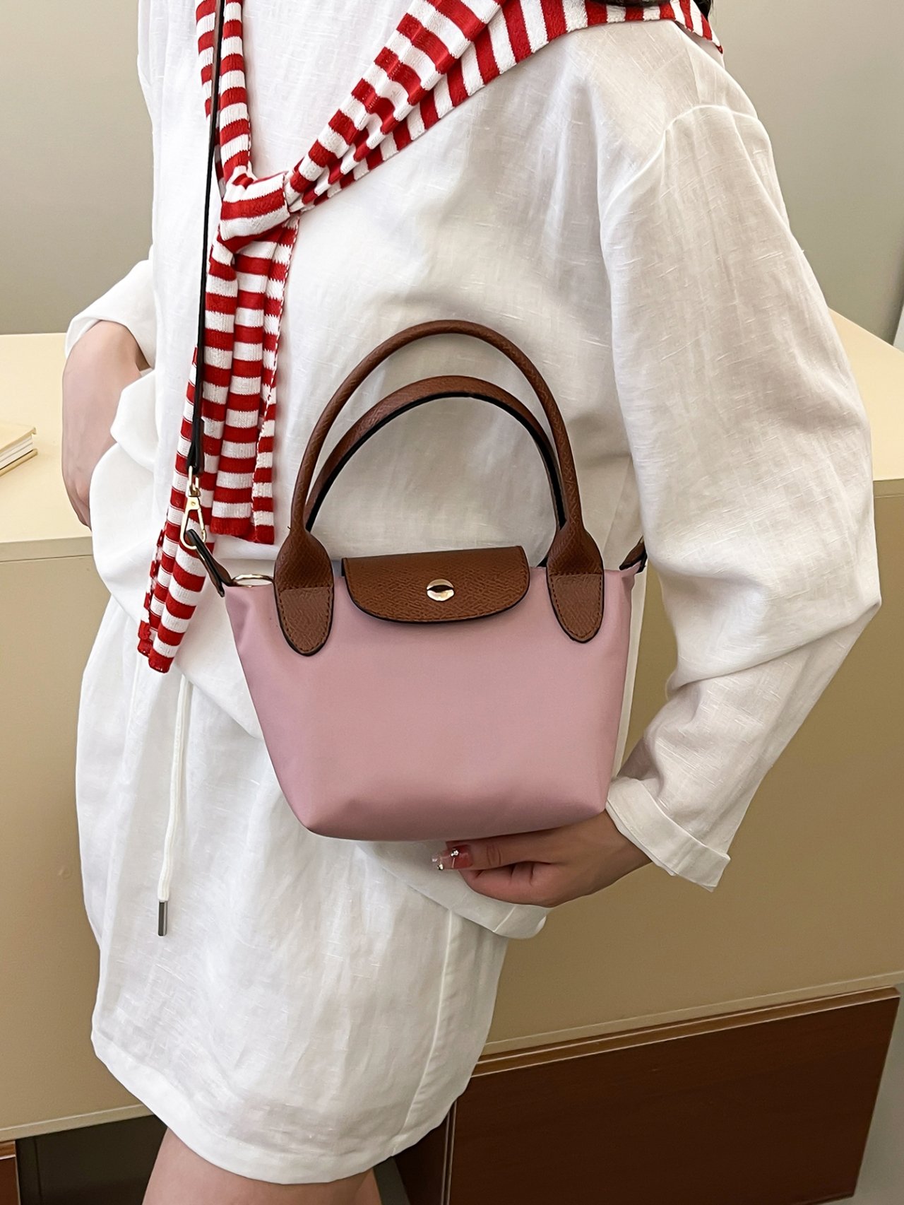 Pink Crossbody Bag with Faux Leather Trim