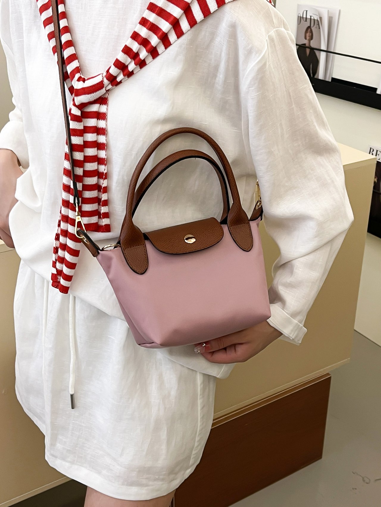Pink Crossbody Bag with Faux Leather Trim