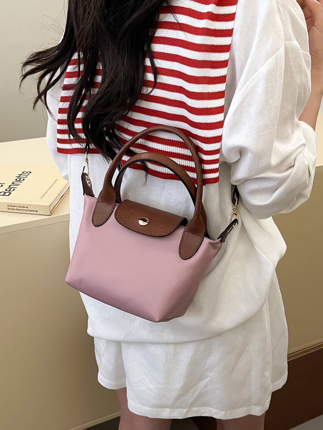 Pink Crossbody Bag with Faux Leather Trim
