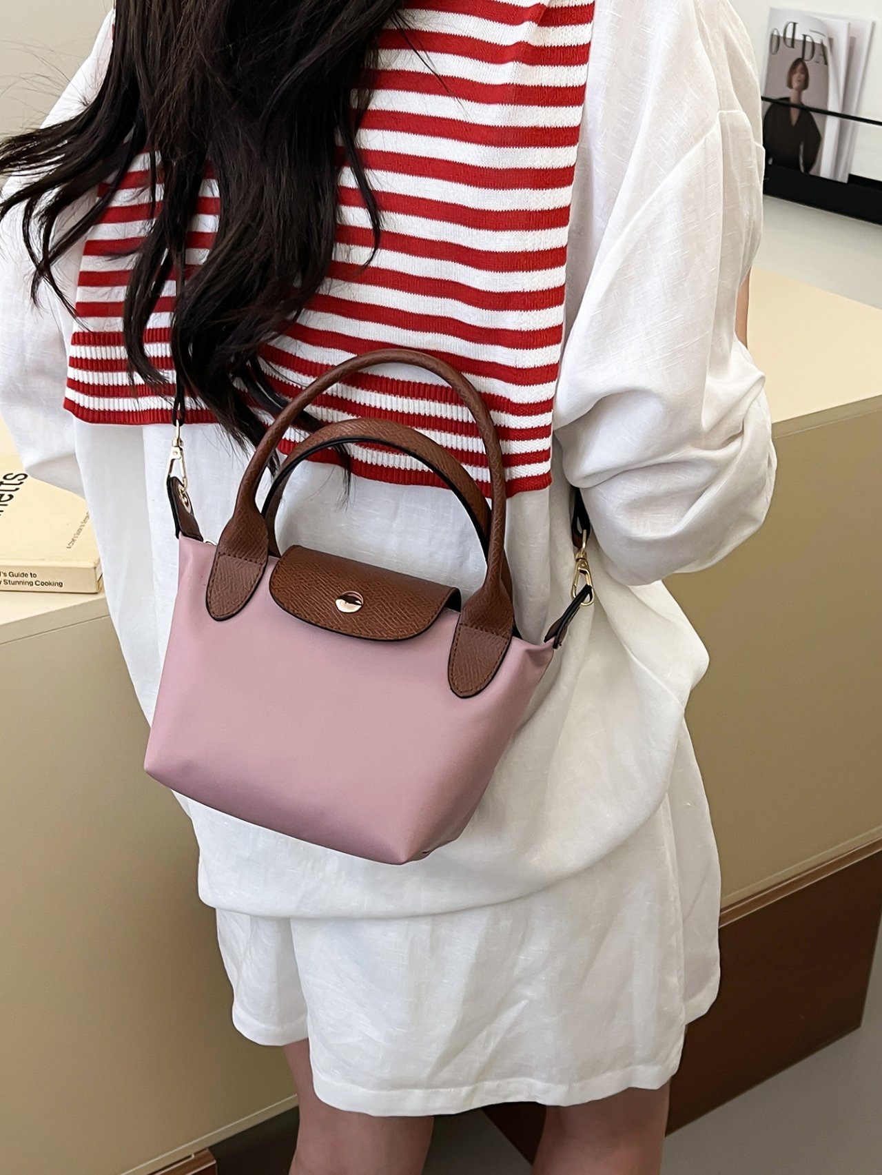 Pink Crossbody Bag with Faux Leather Trim