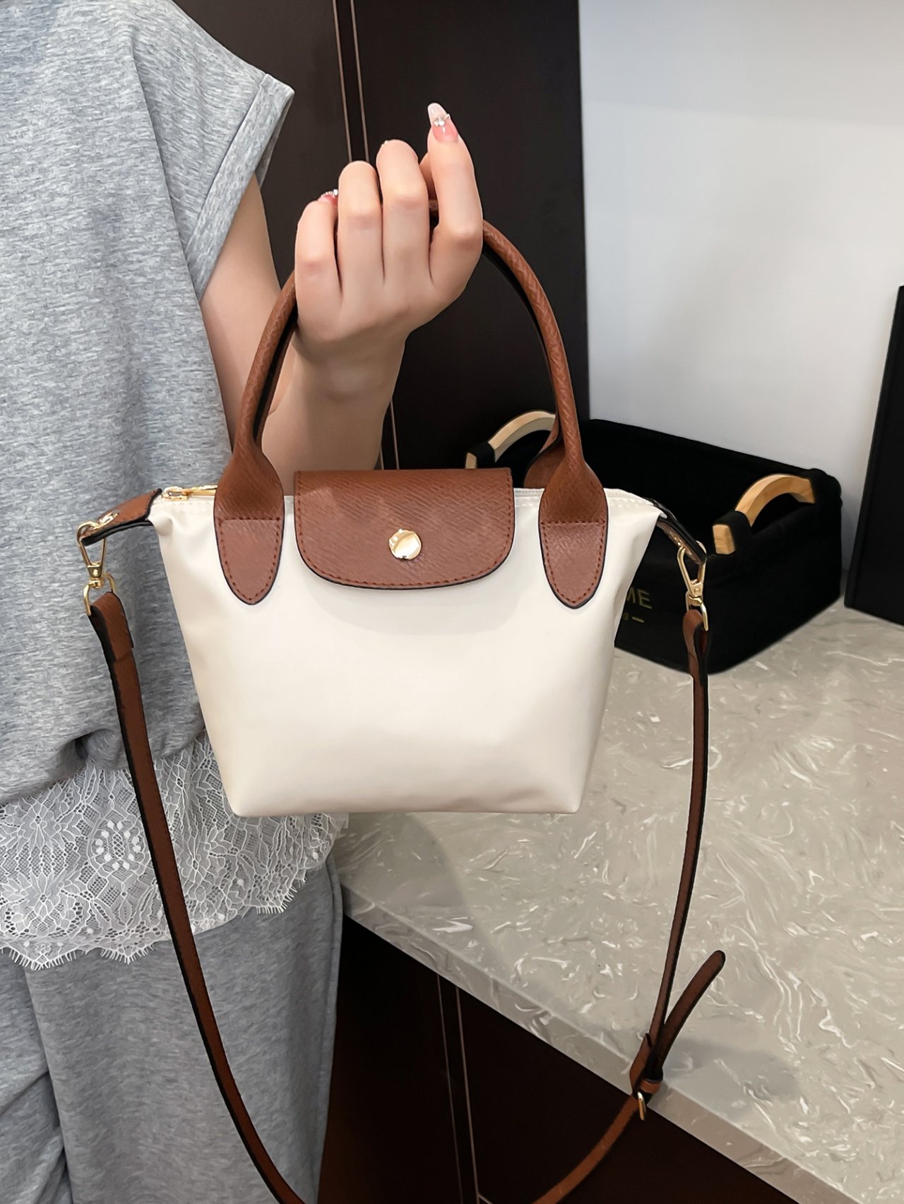 White Crossbody Bag with Brown Accents