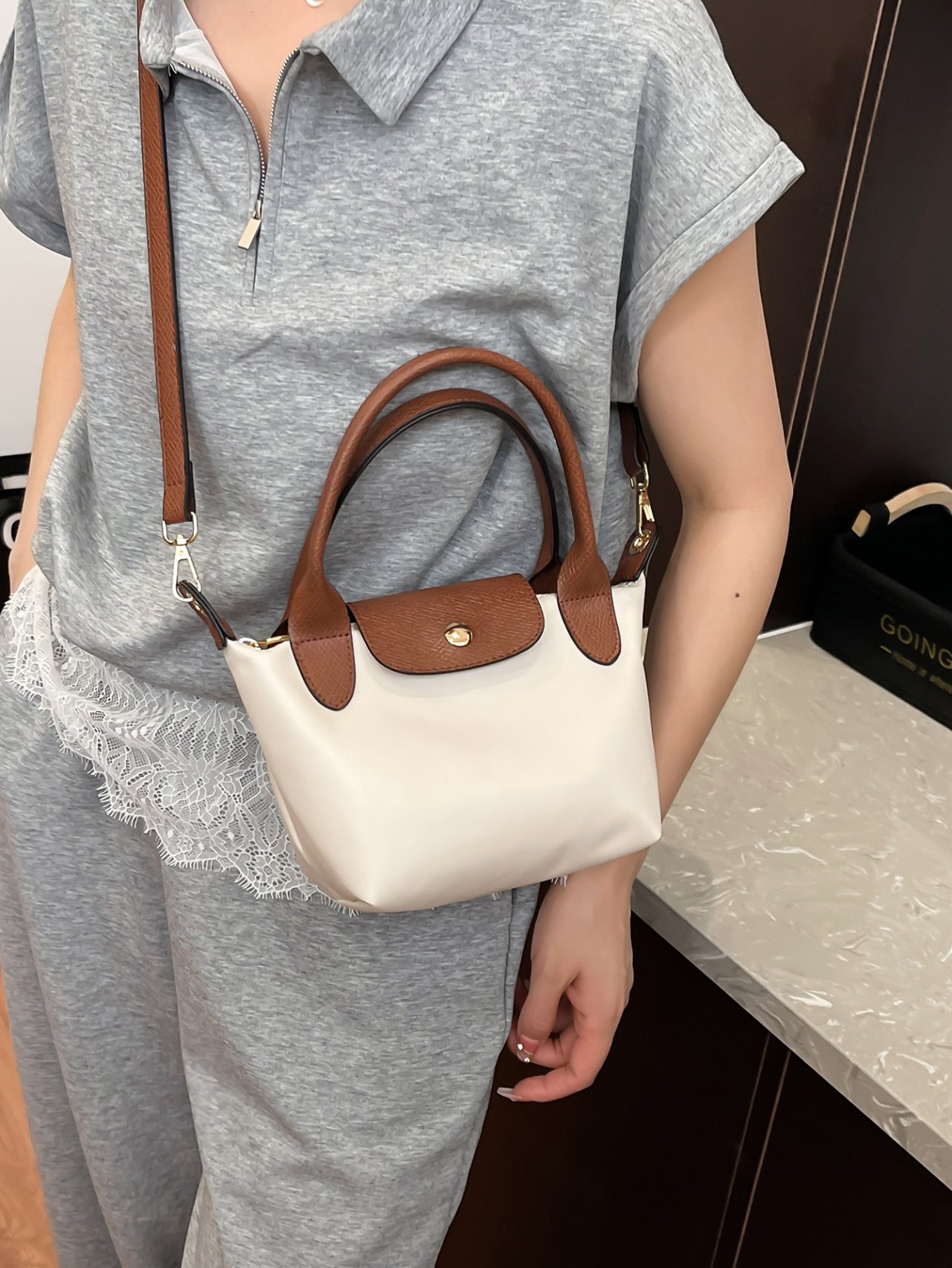 White Crossbody Bag with Brown Accents