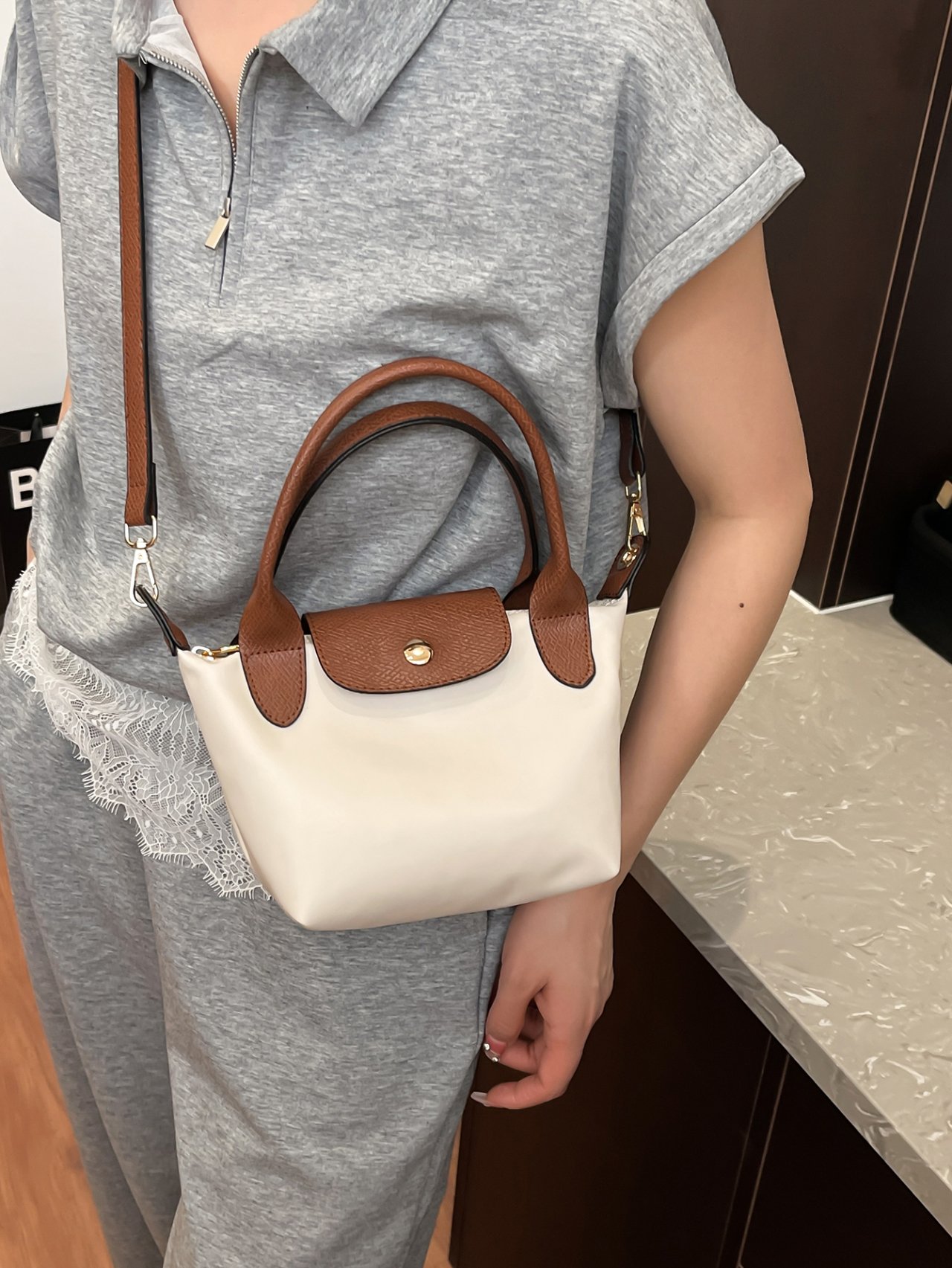 White Crossbody Bag with Brown Accents