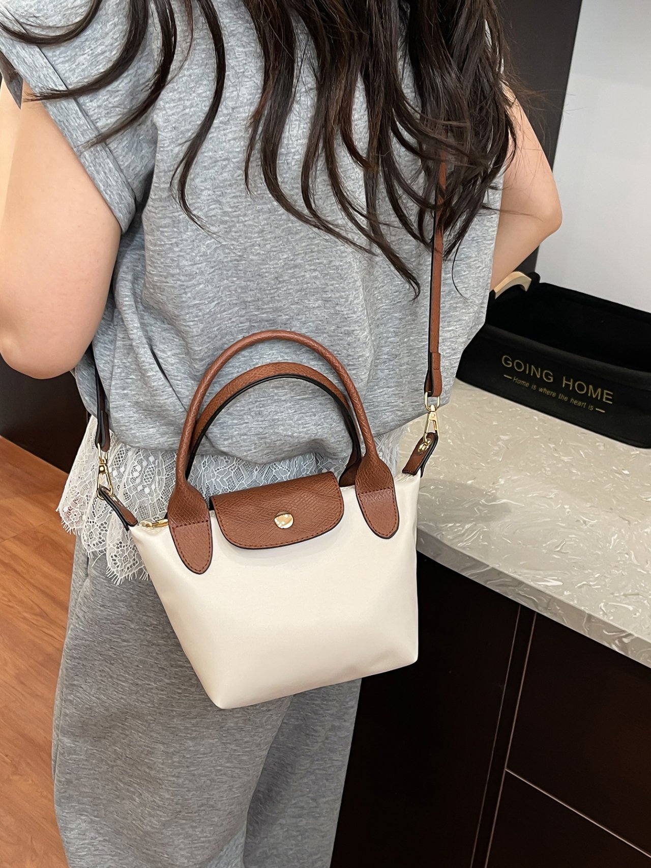 White Crossbody Bag with Brown Accents