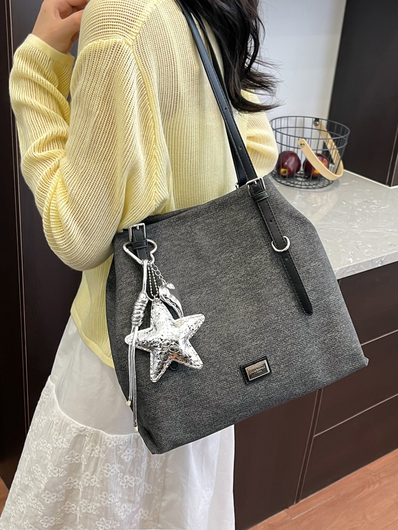 Denim-Look Shoulder Bag with Straps