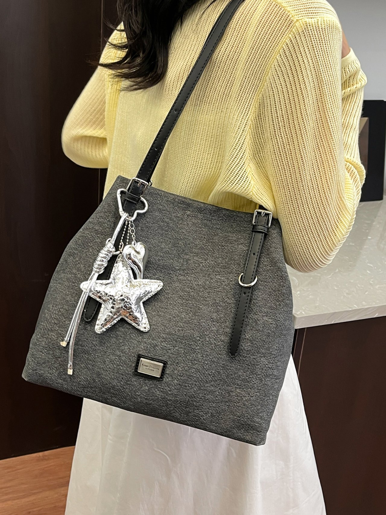 Denim-Look Shoulder Bag with Straps