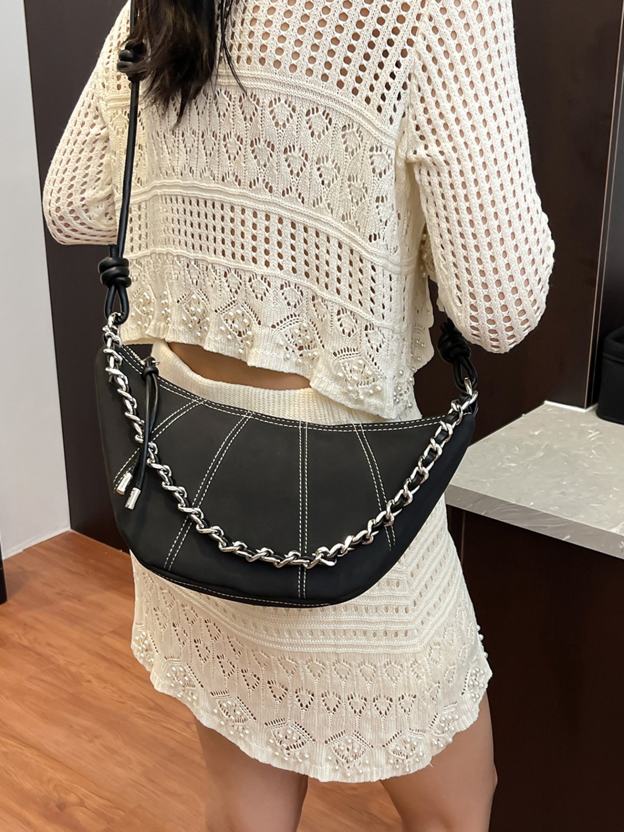 Black Crossbody Bag with Chain Detail
