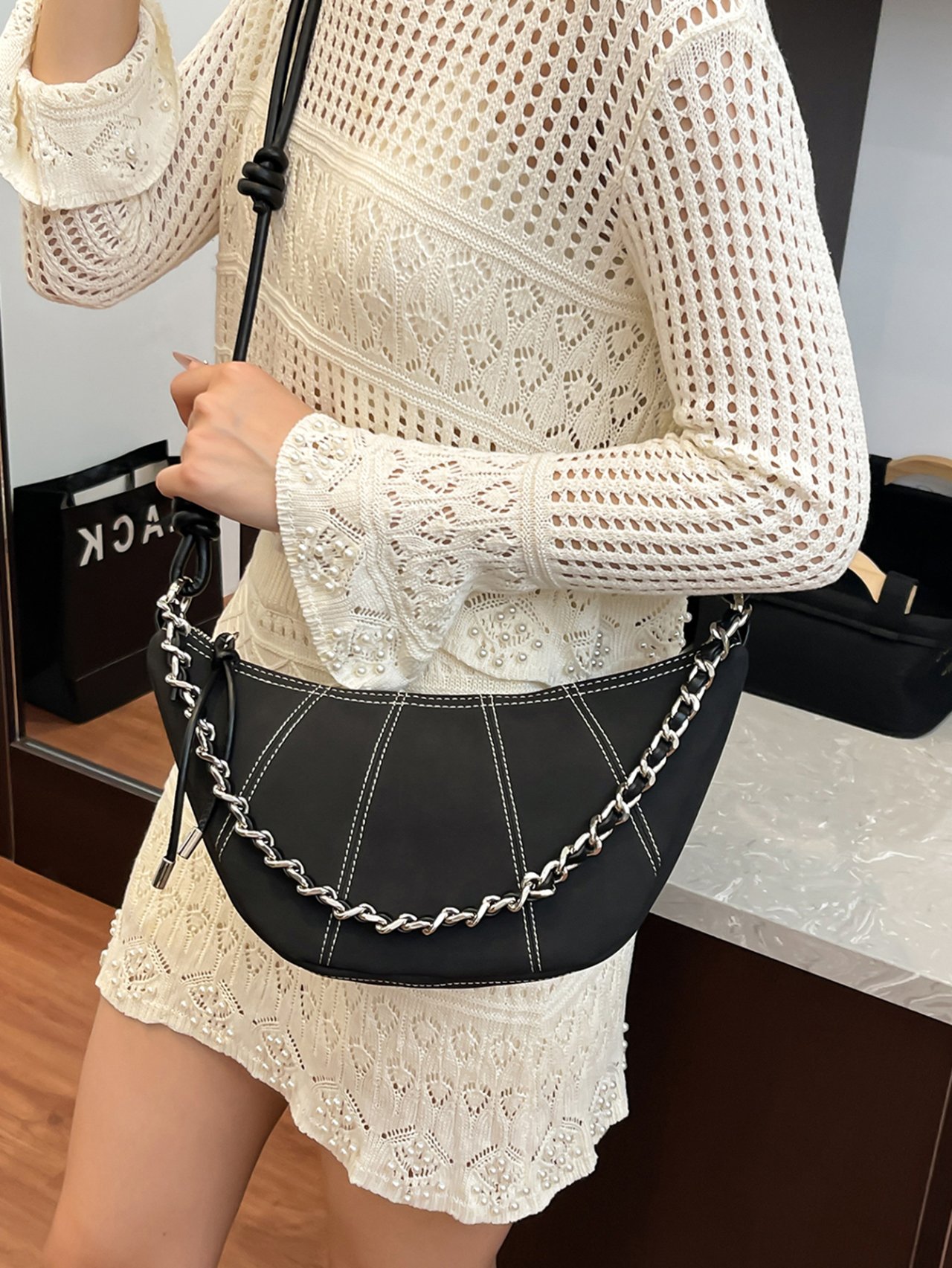 Black Crossbody Bag with Chain Detail