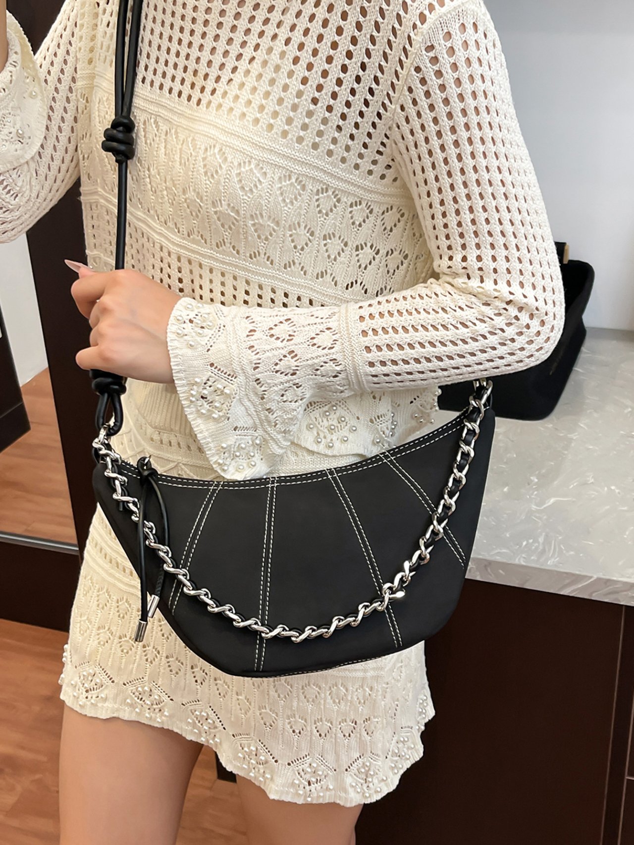 Black Crossbody Bag with Chain Detail