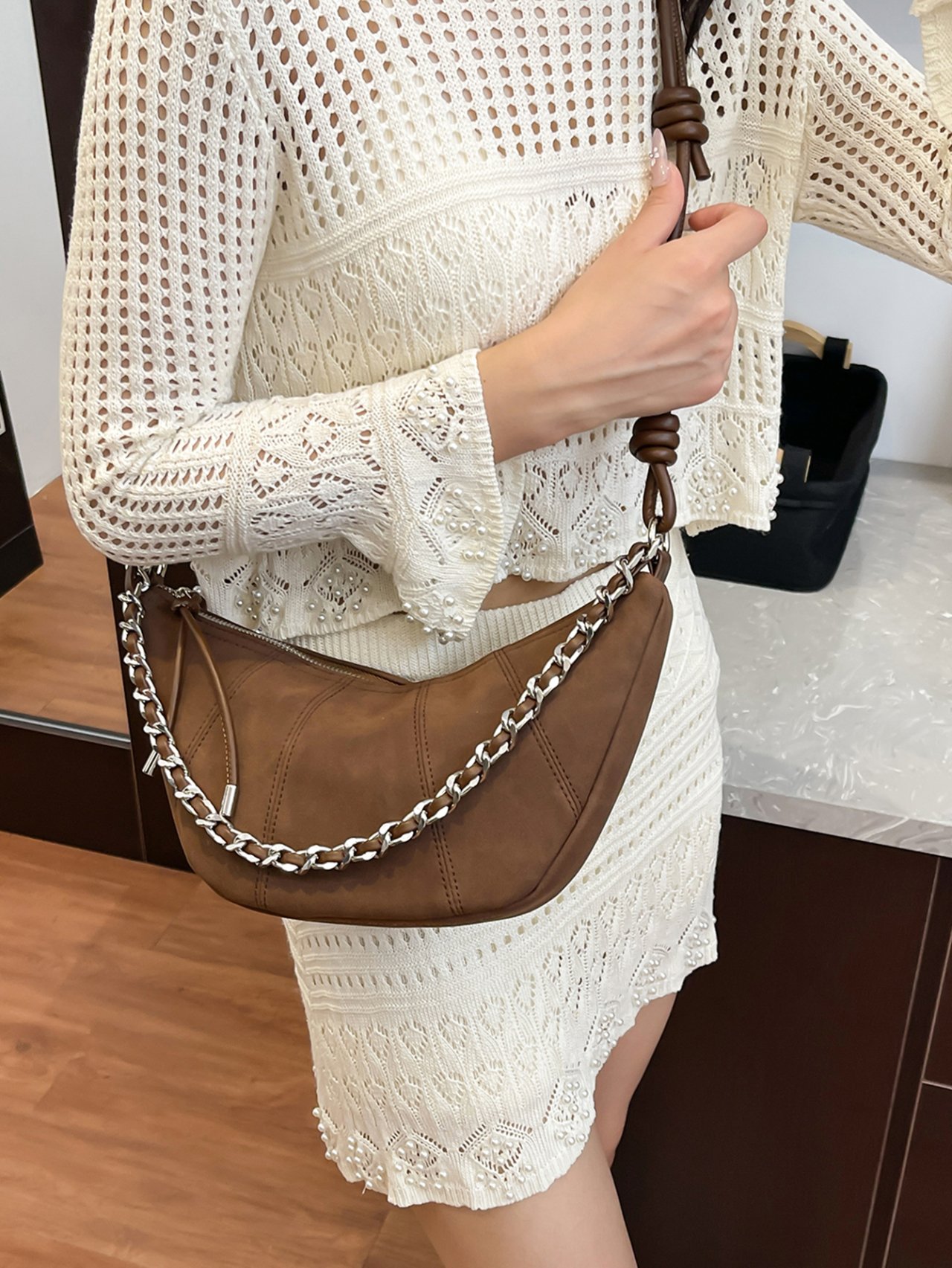 Coffee Brown Croissant Crossbody Bag with Chain Strap